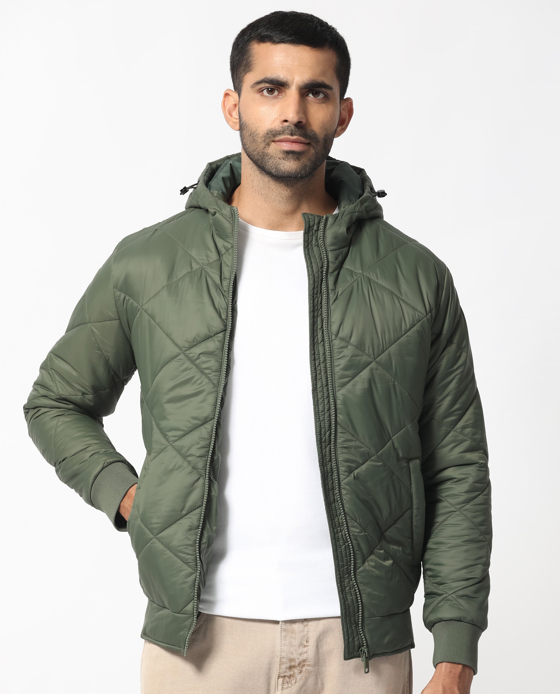 Rare Rabbit Men's Parco Dark Green Diamond Quilted Hooded Puffer Jacket