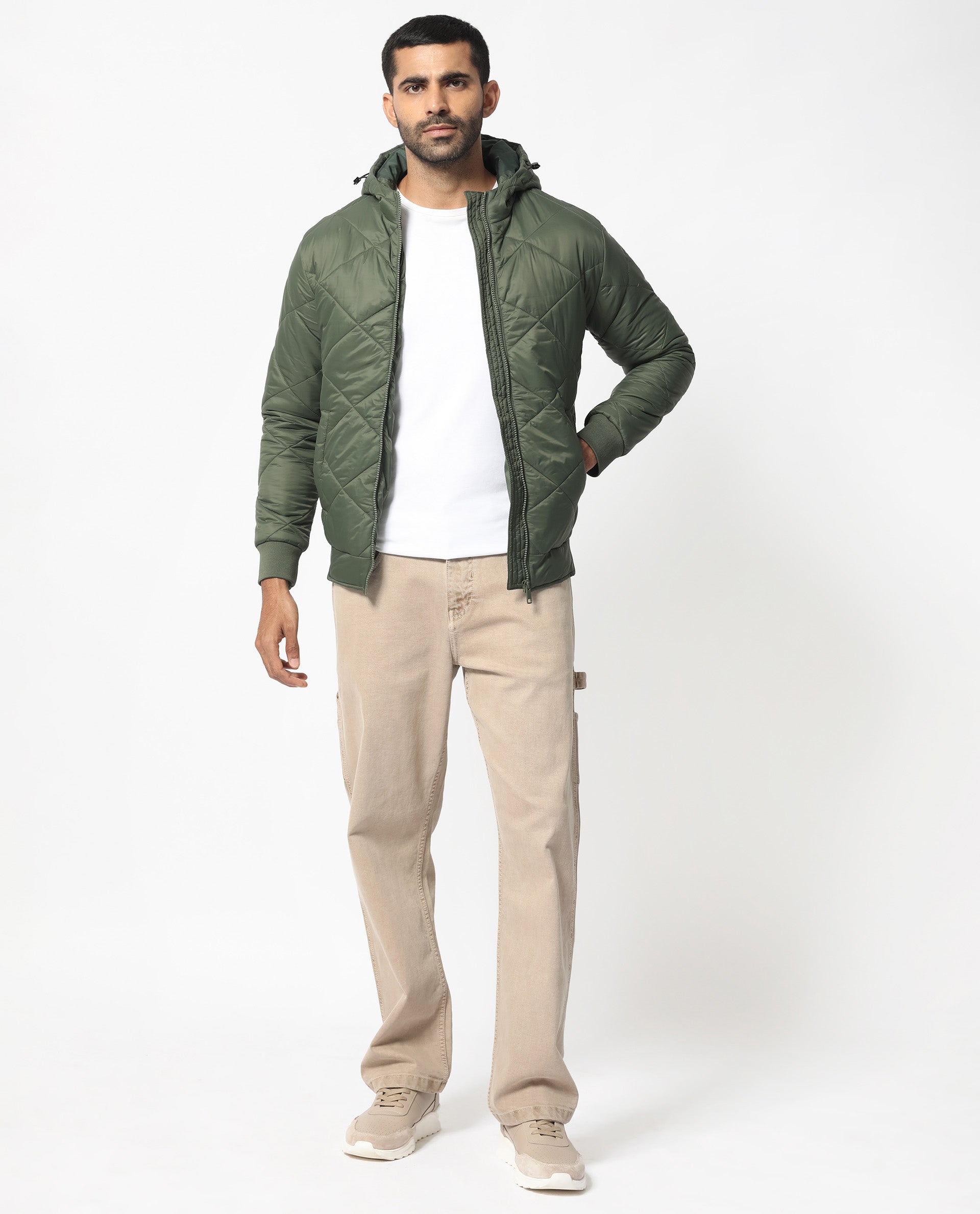 Rare Rabbit Men's Parco Dark Green Diamond Quilted Hooded Puffer Jacket