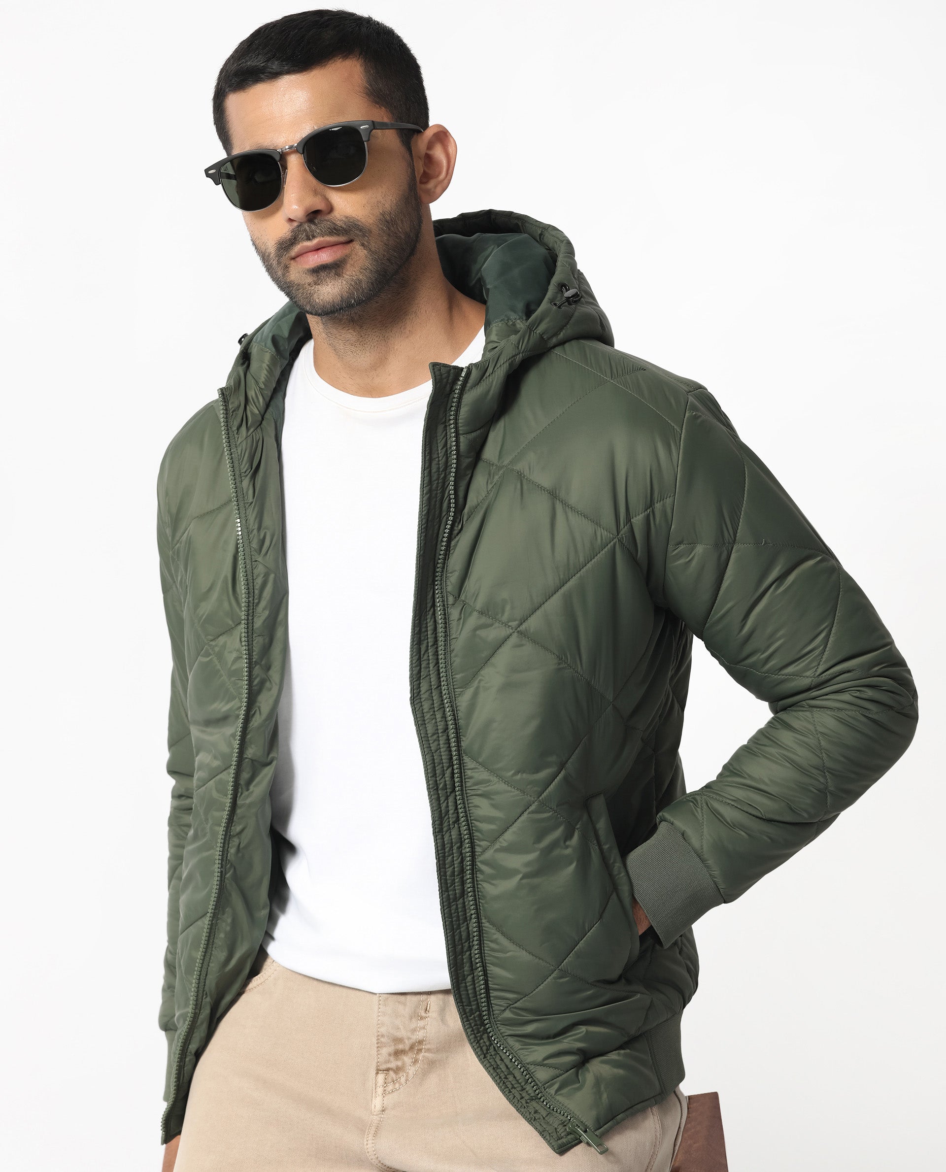 Rare Rabbit Men's Parco Dark Green Diamond Quilted Hooded Puffer Jacket