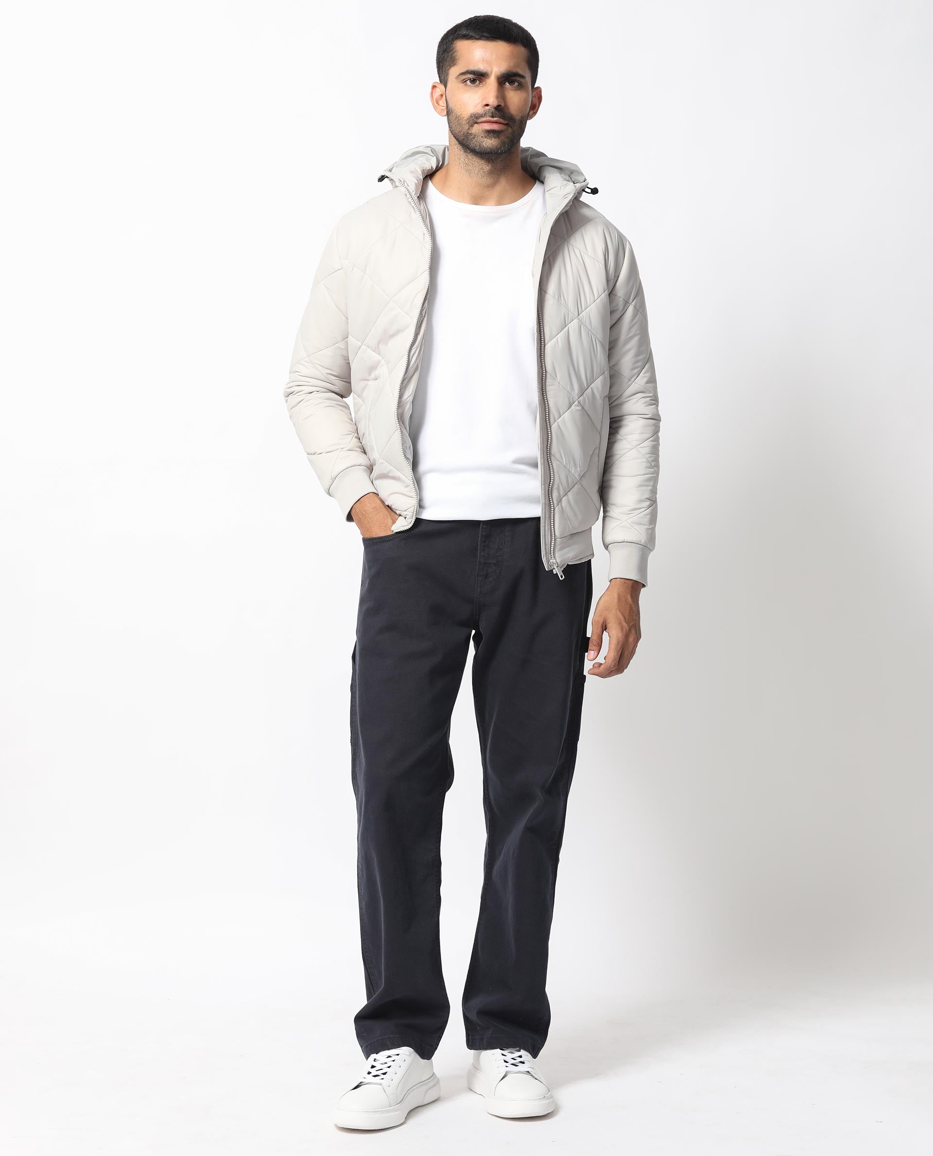 Rare Rabbit Men's Parco Light Grey Diamond Quilted Hooded Puffer Jacket