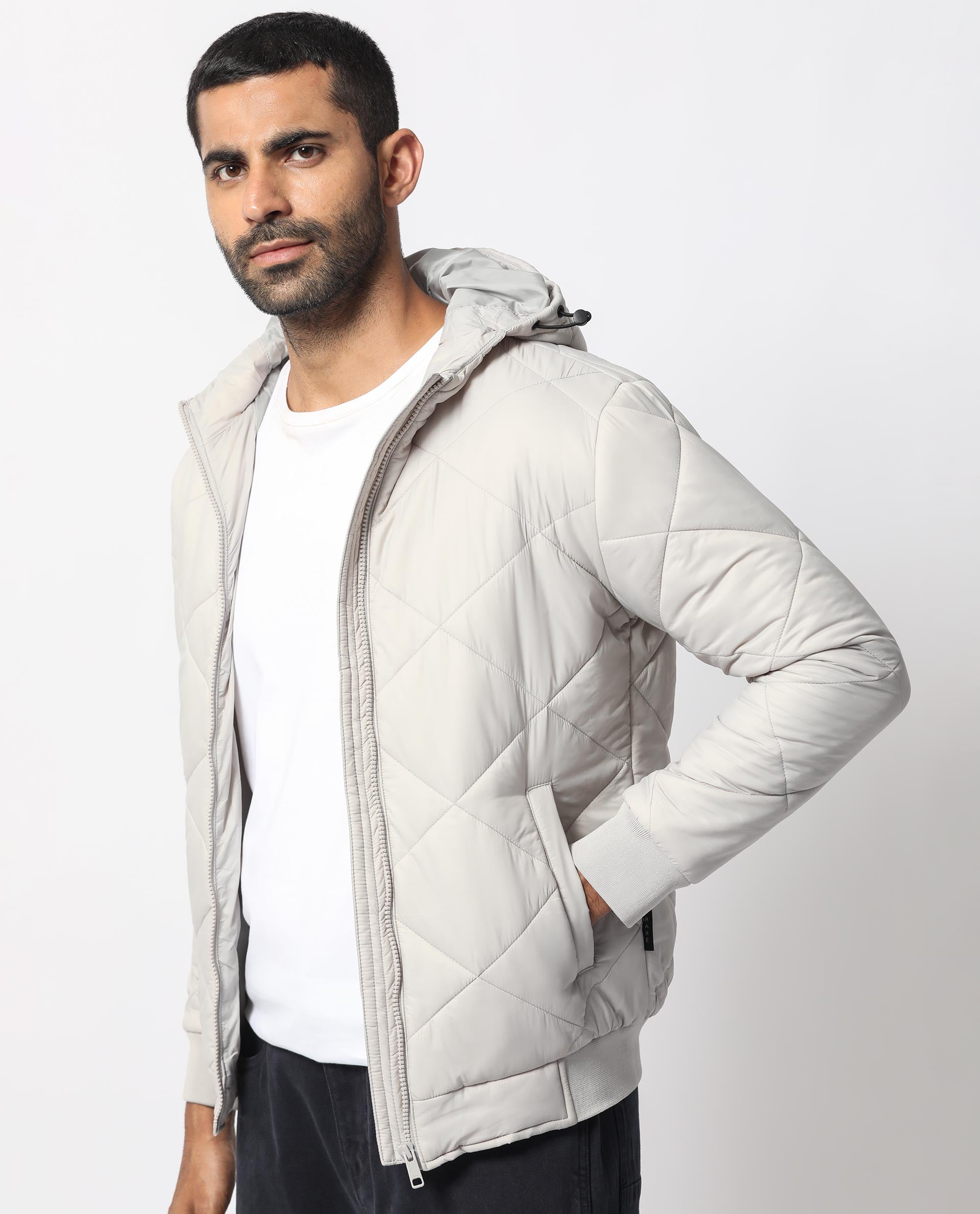 Rare Rabbit Men's Parco Light Grey Diamond Quilted Hooded Puffer Jacket