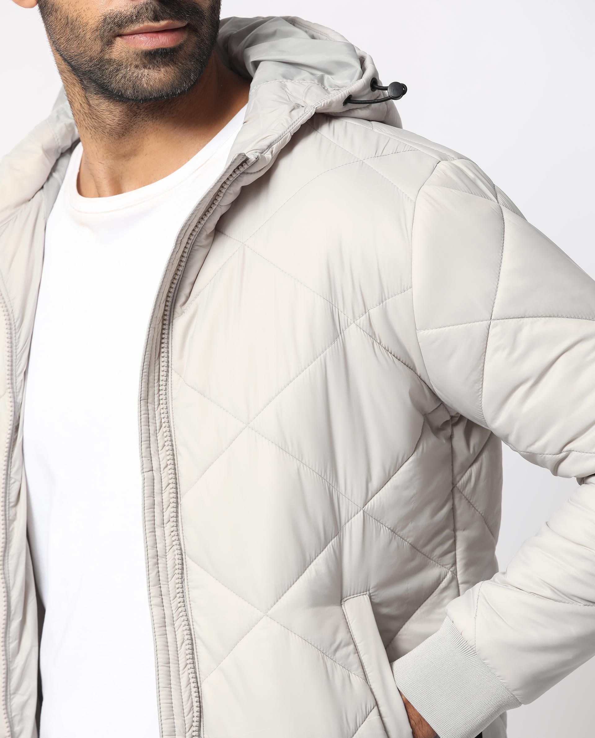 Rare Rabbit Men's Parco Light Grey Diamond Quilted Hooded Puffer Jacket