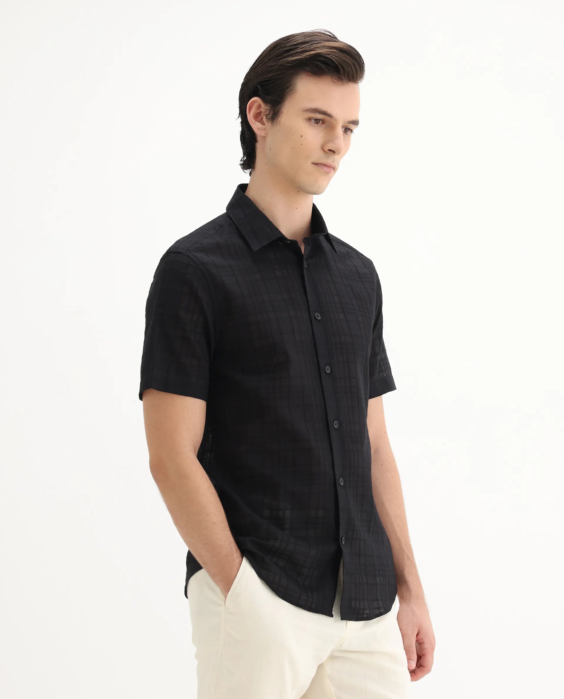 Rare Rabbit Men's Parcor Black Cotton Checked Print Regular Fit Half Sleeve Collared Shirt