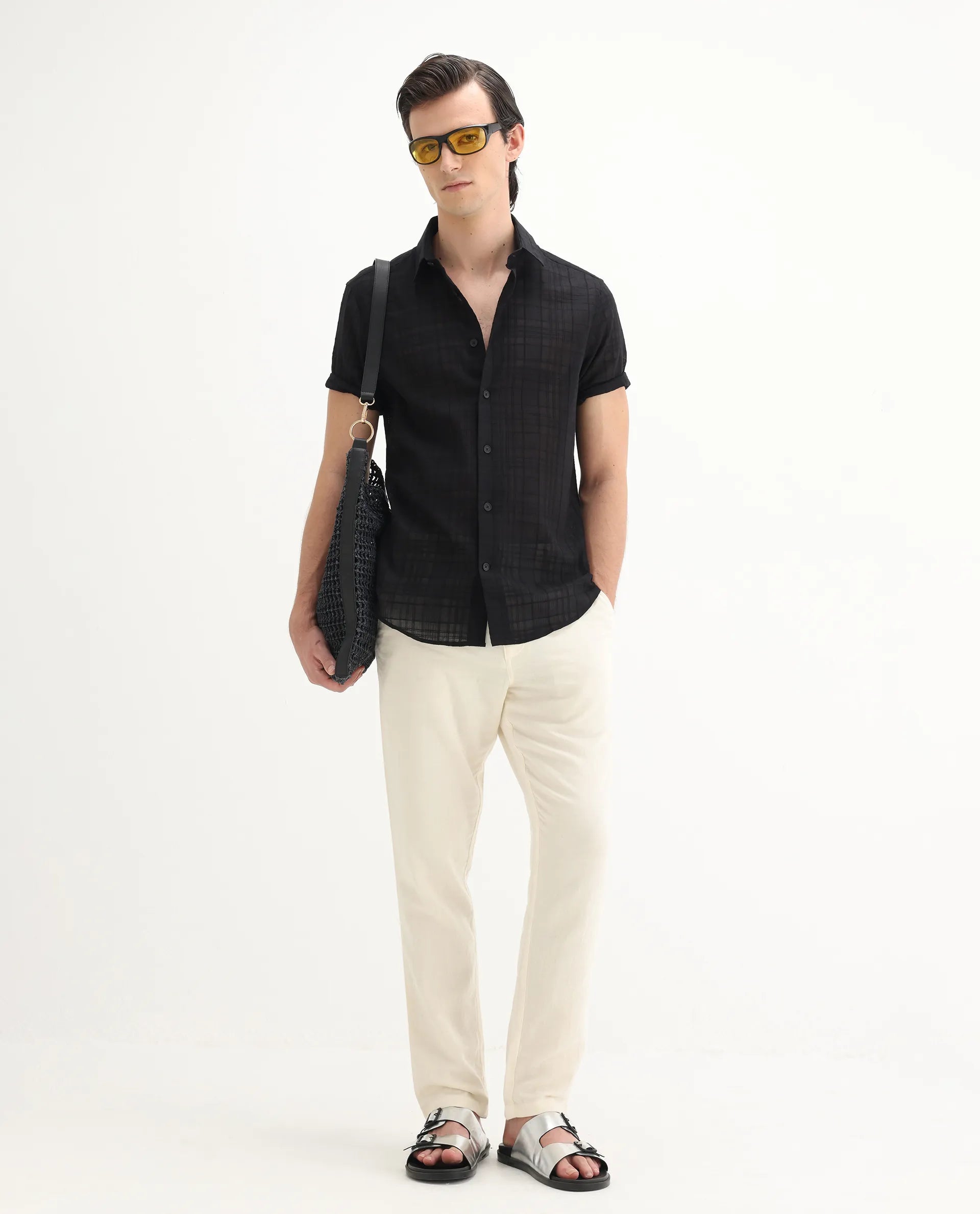 Rare Rabbit Men's Parcor Black Cotton Checked Print Regular Fit Half Sleeve Collared Shirt