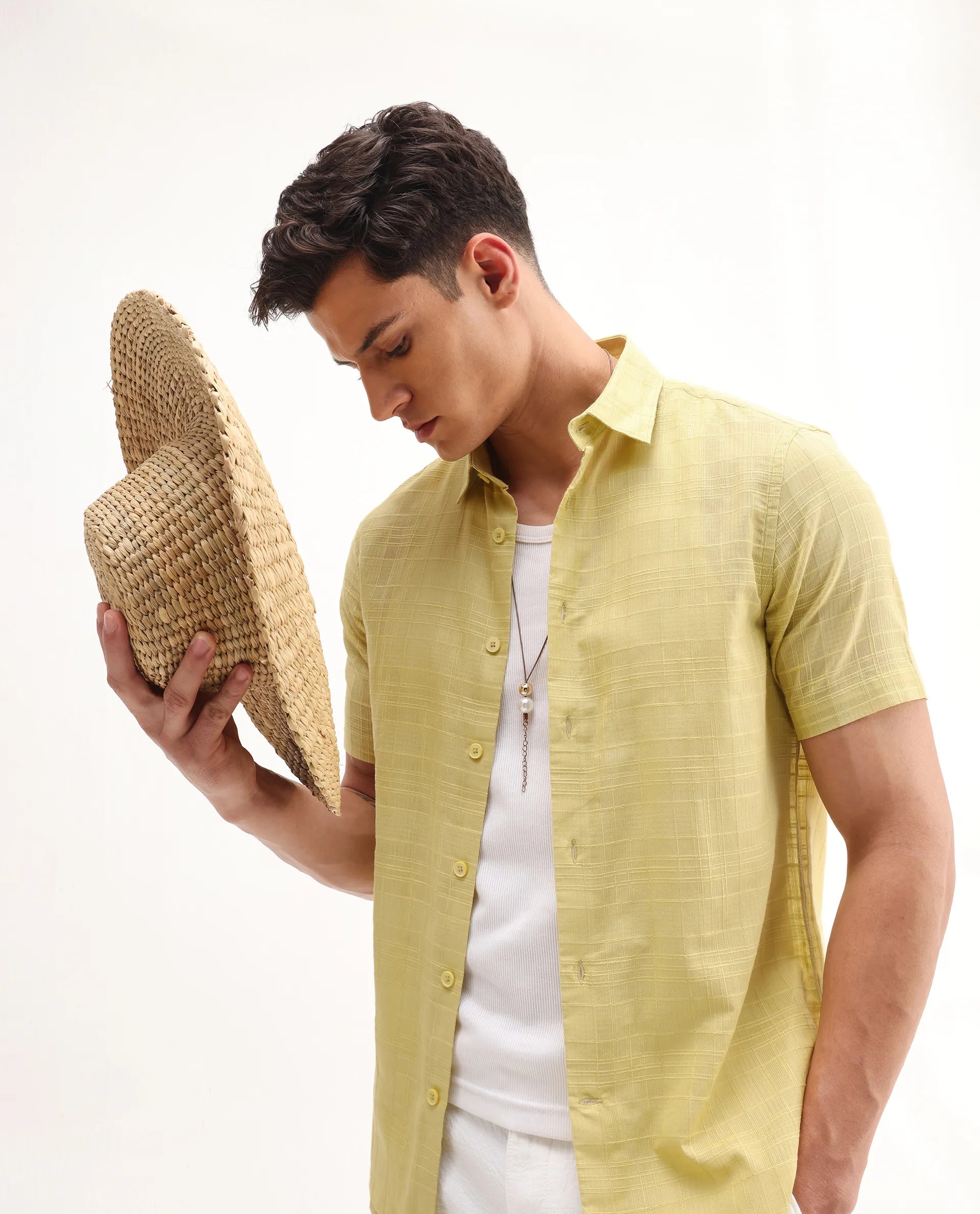 Rare Rabbit Men's Parcor Flouroscent Yellow Cotton Checked Print Regular Fit Half Sleeve Collared Shirt