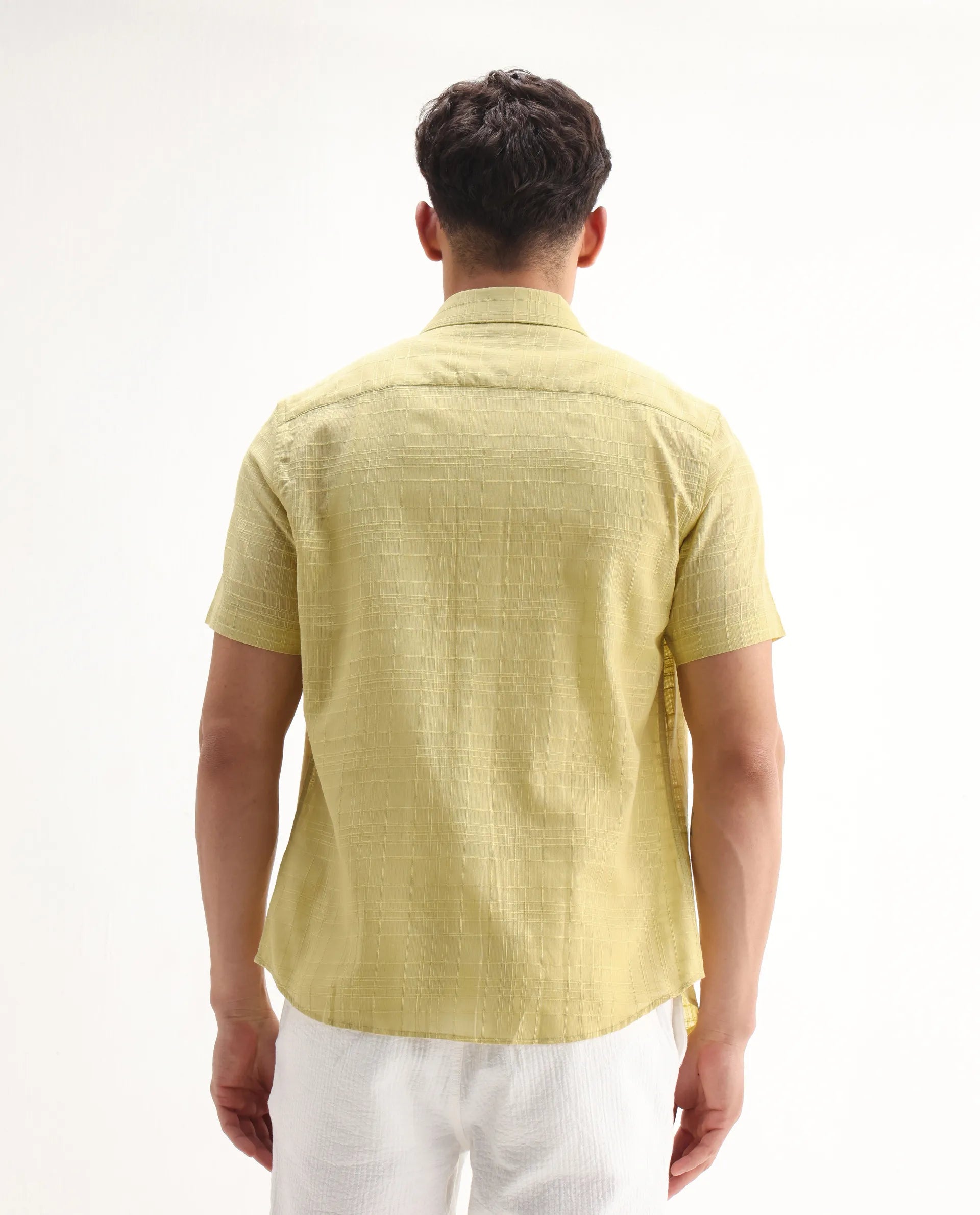 Rare Rabbit Men's Parcor Flouroscent Yellow Cotton Checked Print Regular Fit Half Sleeve Collared Shirt