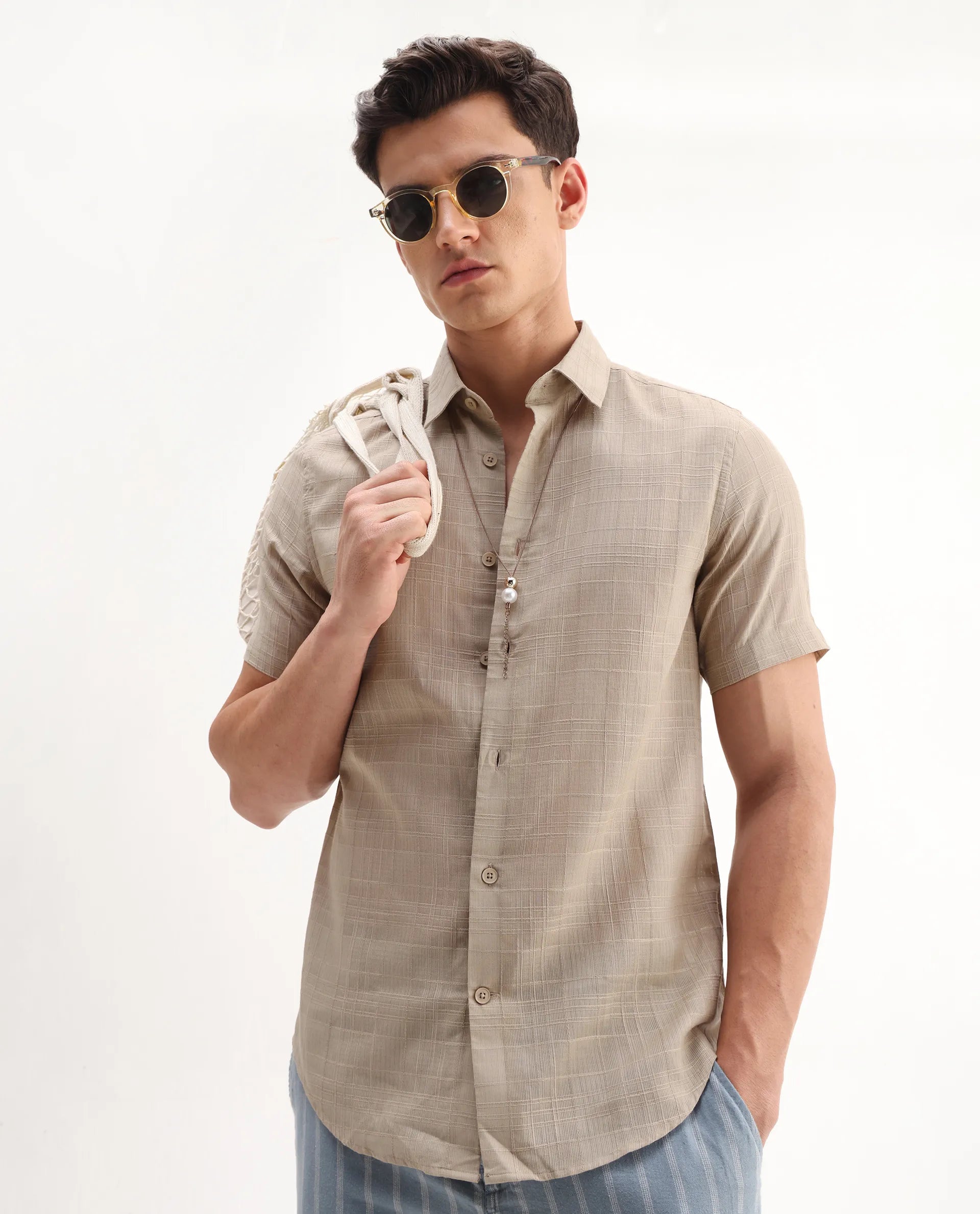 Rare Rabbit Men's Parcor Khaki Cotton Checked Print Regular Fit Half Sleeve Collared Shirt