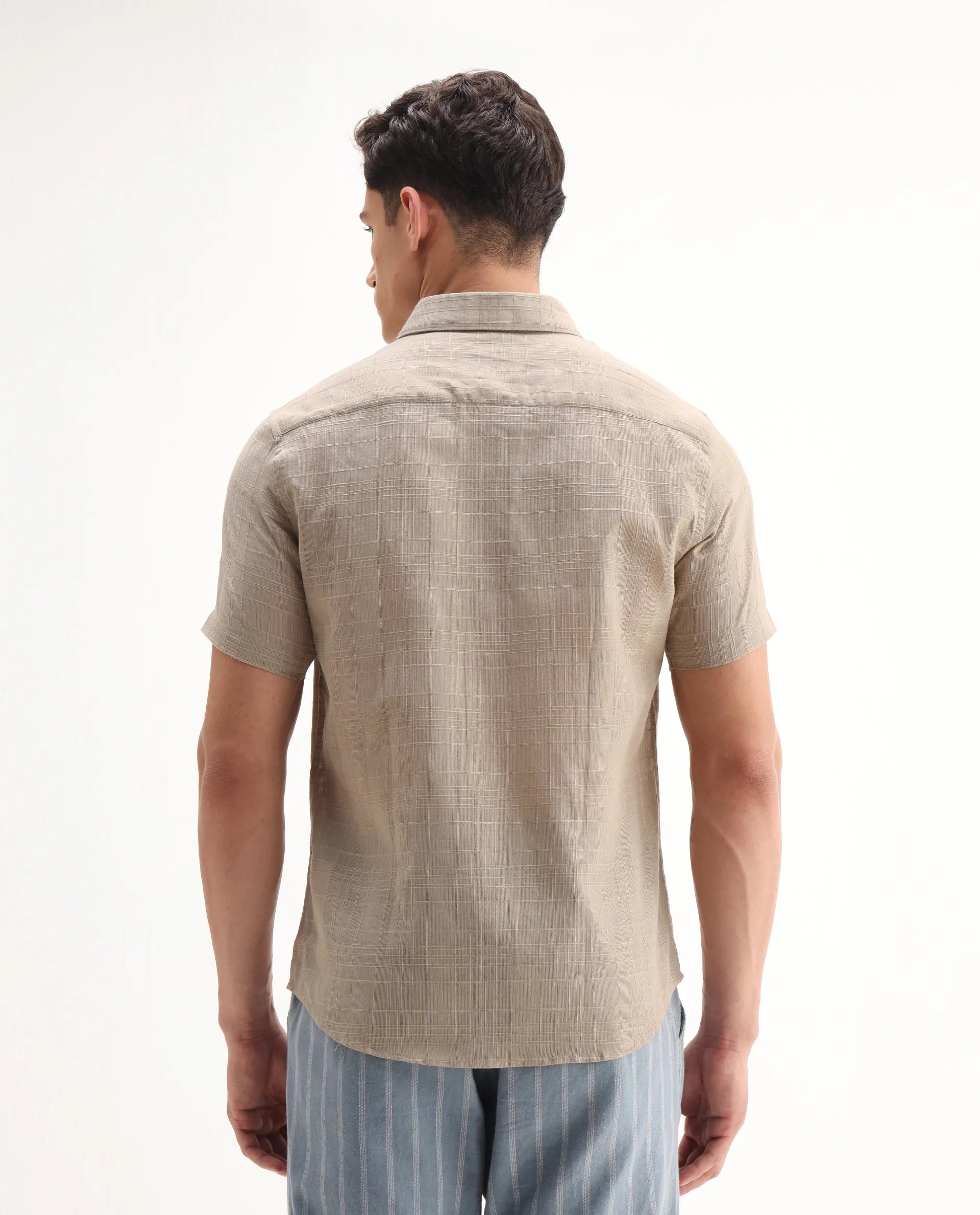 Rare Rabbit Men's Parcor Khaki Cotton Checked Print Regular Fit Half Sleeve Collared Shirt