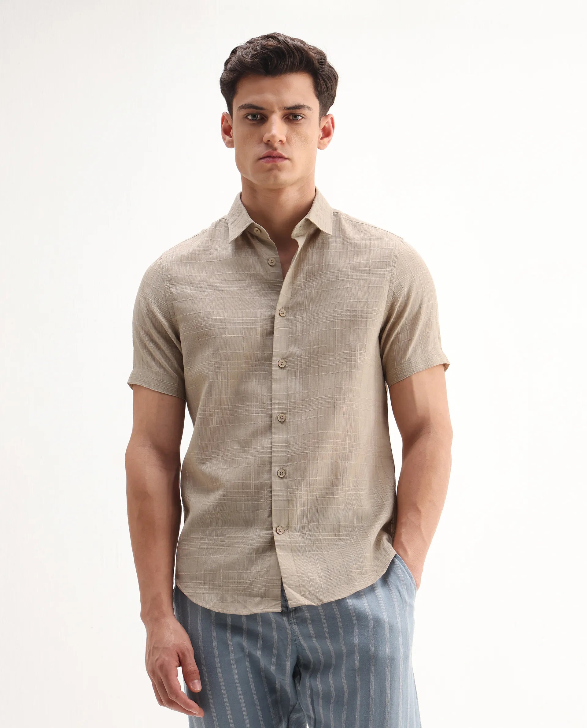 Rare Rabbit Men's Parcor Khaki Cotton Checked Print Regular Fit Half Sleeve Collared Shirt