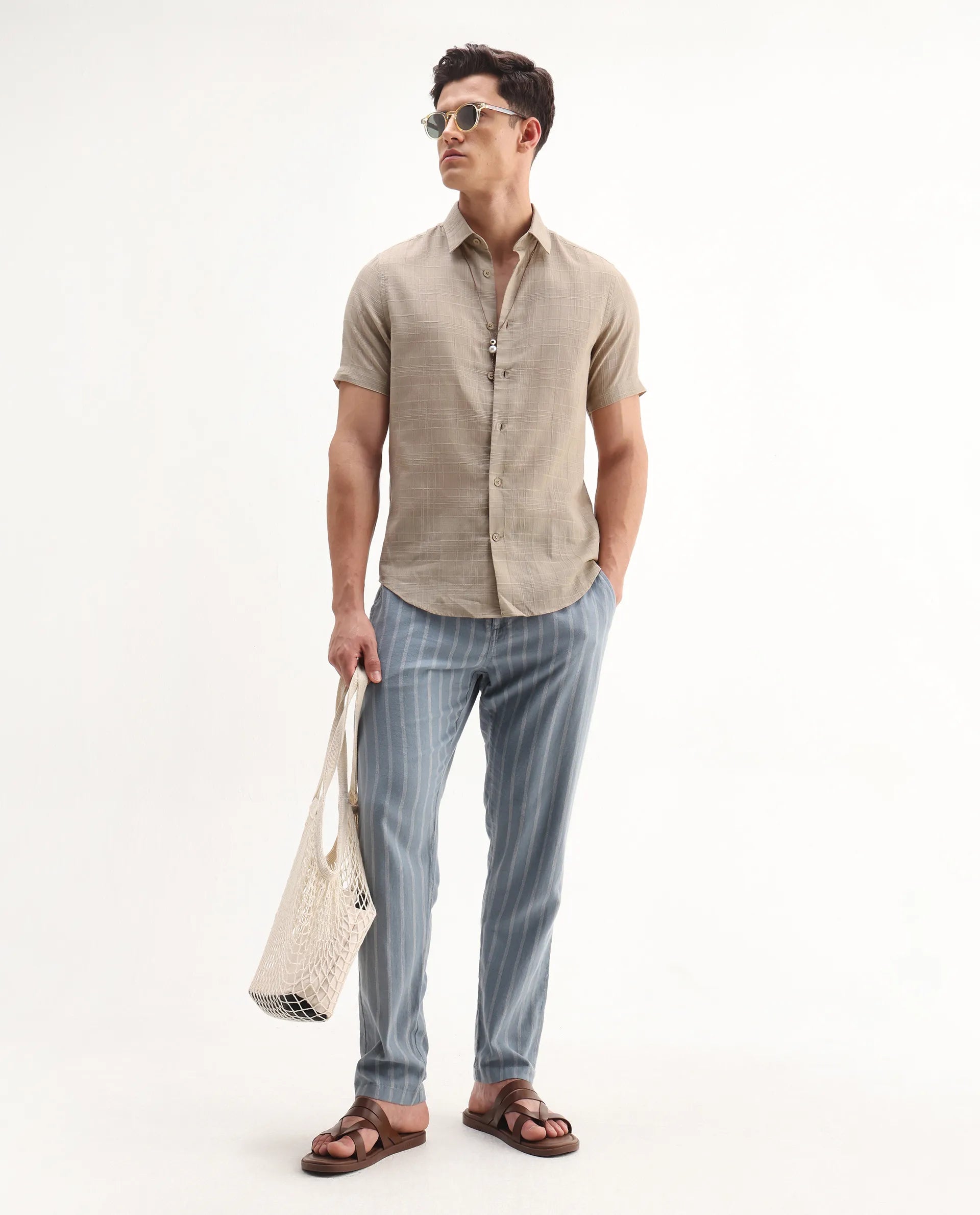 Rare Rabbit Men's Parcor Khaki Cotton Checked Print Regular Fit Half Sleeve Collared Shirt