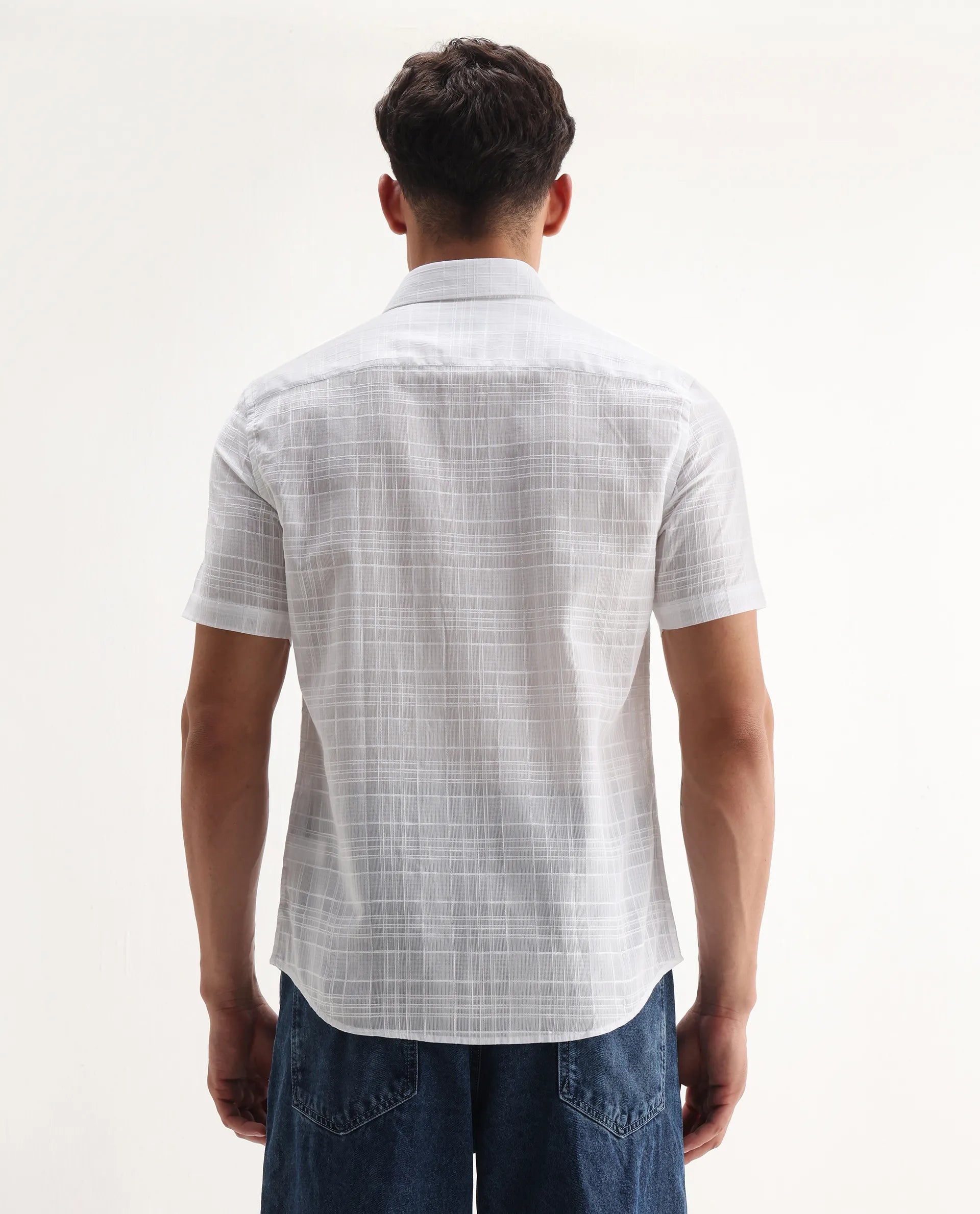 Rare Rabbit Men's Parcor White Cotton Checked Print Regular Fit Half Sleeve Collared Shirt