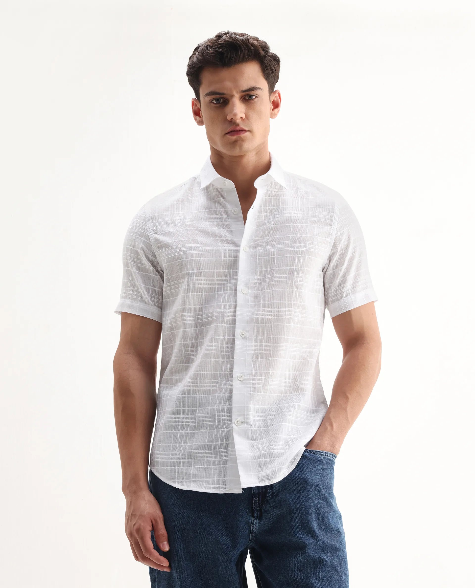 Rare Rabbit Men's Parcor White Cotton Checked Print Regular Fit Half Sleeve Collared Shirt