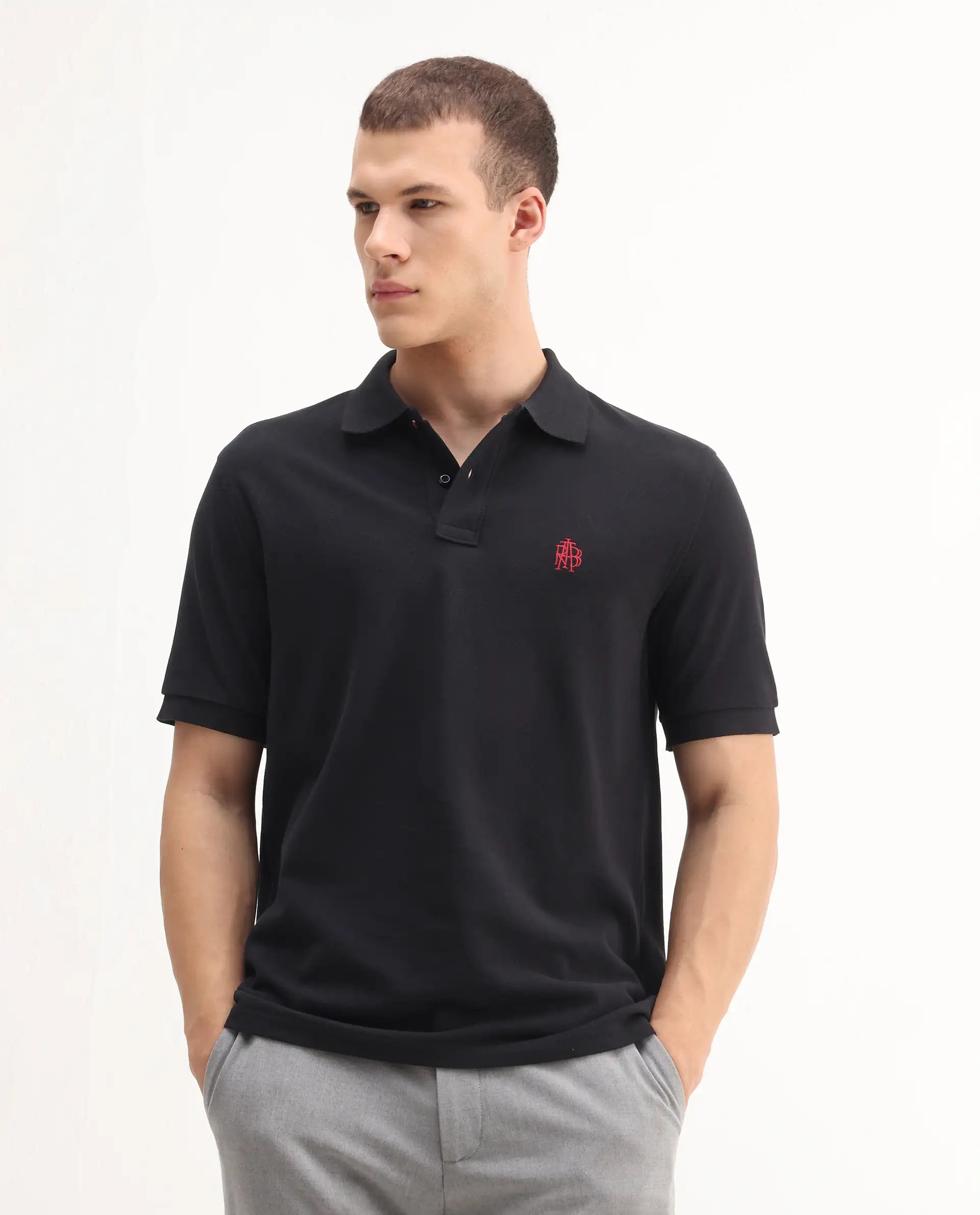 Rare Rabbit Men's Pare-1 Black Cotton Plain Regular Fit Half Sleeve Polo
