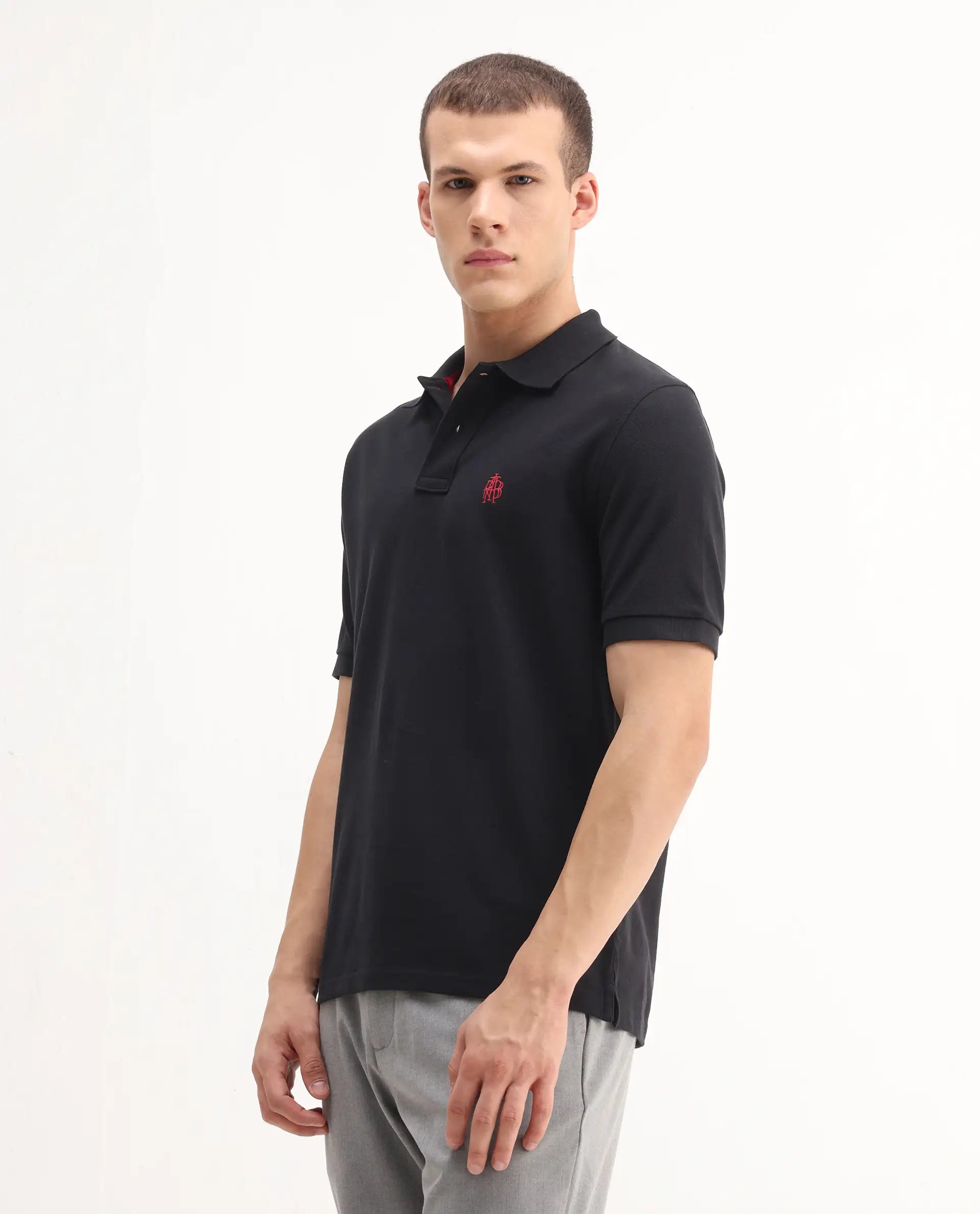 Rare Rabbit Men's Pare-1 Black Cotton Plain Regular Fit Half Sleeve Polo