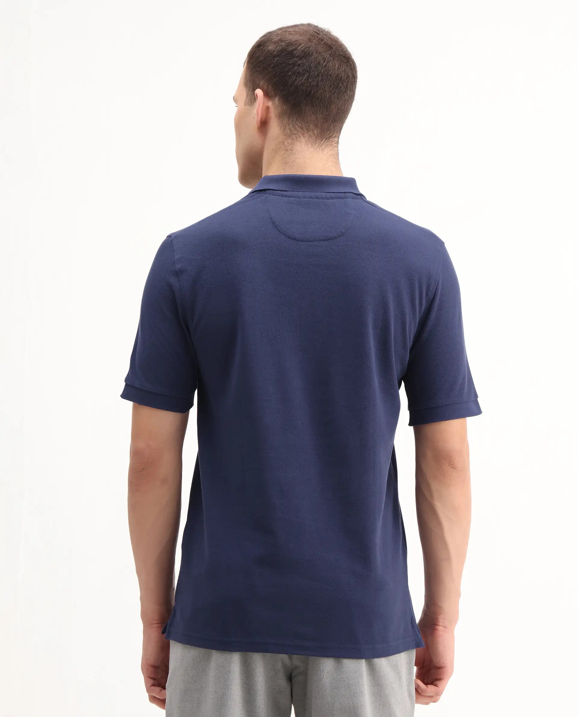 Rare Rabbit Men's Pare-1 Dark Blue Cotton Plain Regular Fit Half Sleeve Polo