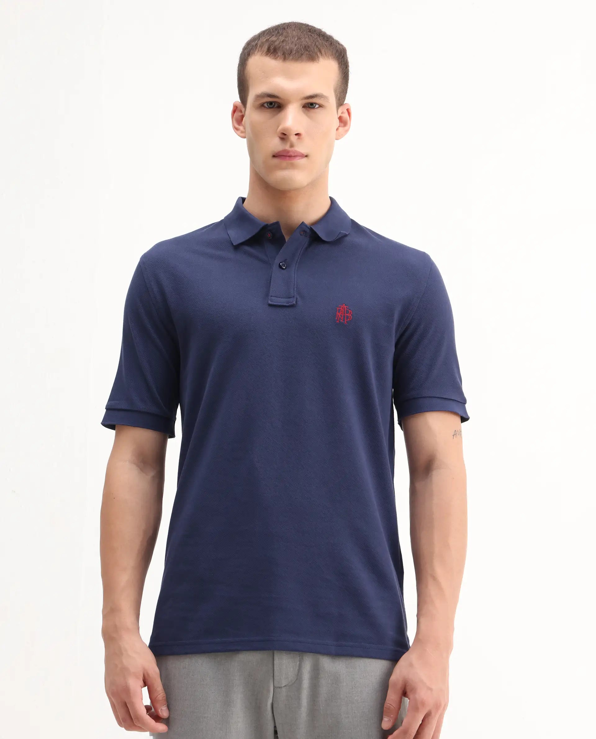 Rare Rabbit Men's Pare-1 Dark Blue Cotton Plain Regular Fit Half Sleeve Polo