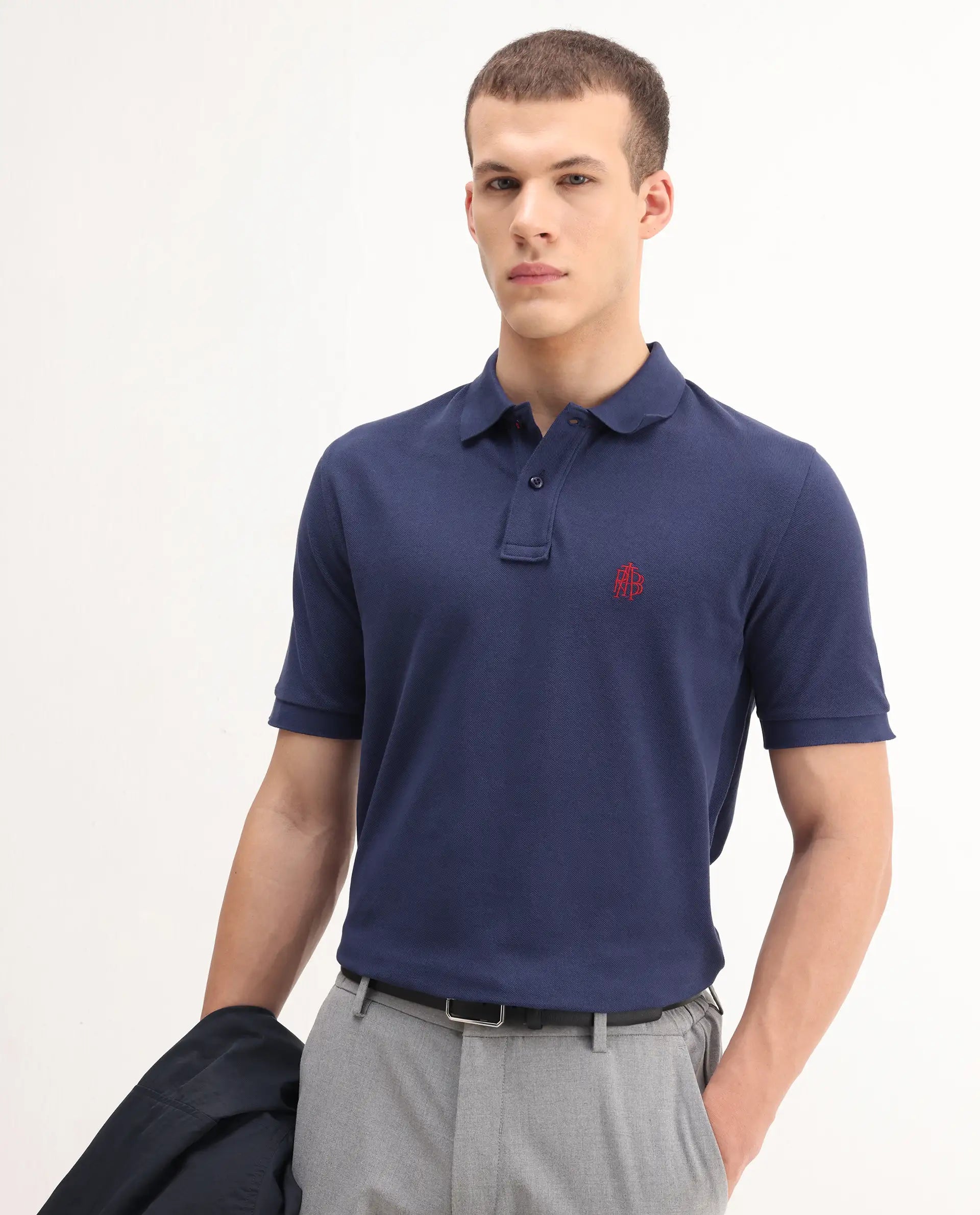 Rare Rabbit Men's Pare-1 Dark Blue Cotton Plain Regular Fit Half Sleeve Polo