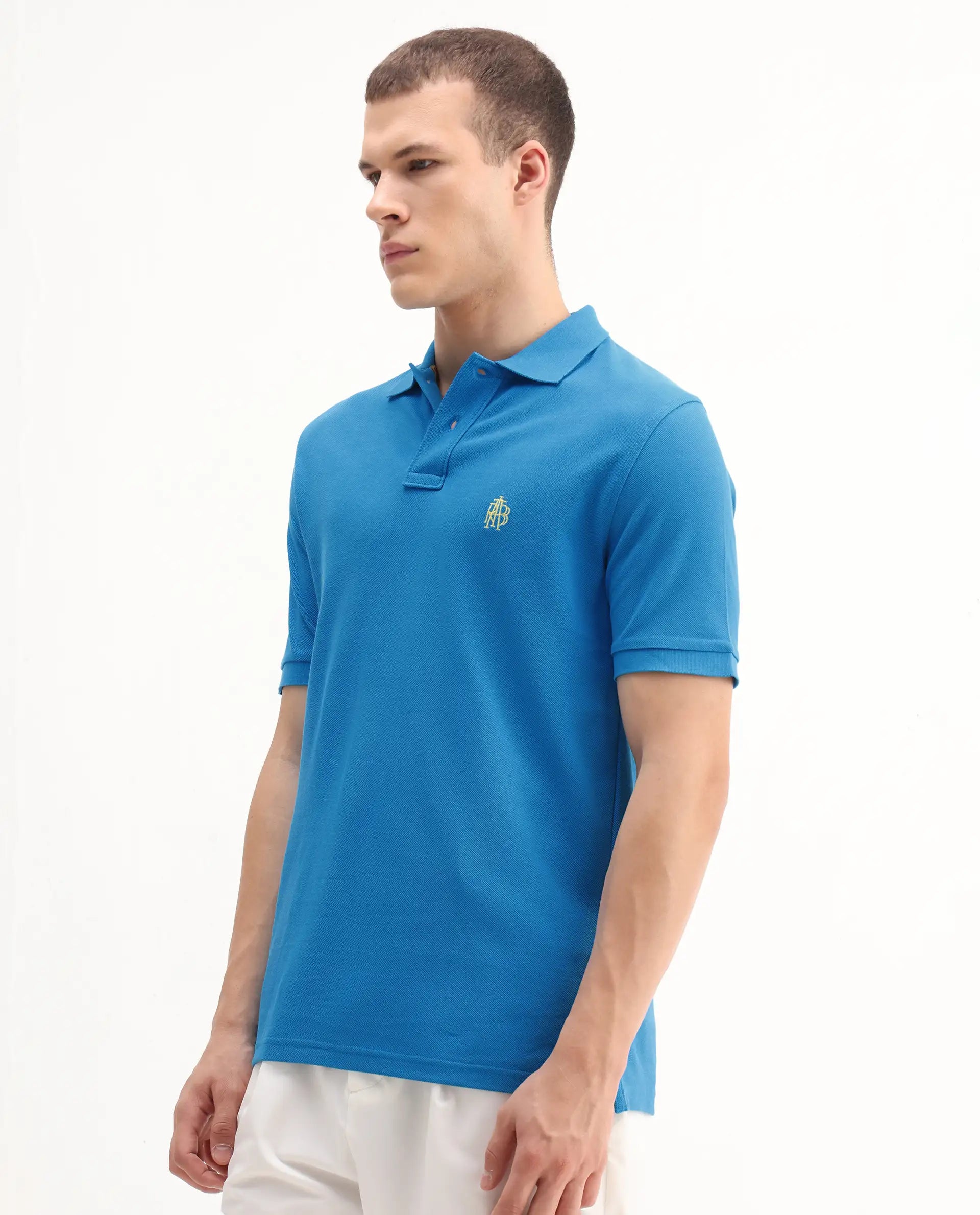 Rare Rabbit Men's Pare-1 Flouroscent Blue Cotton Plain Regular Fit Half Sleeve Polo