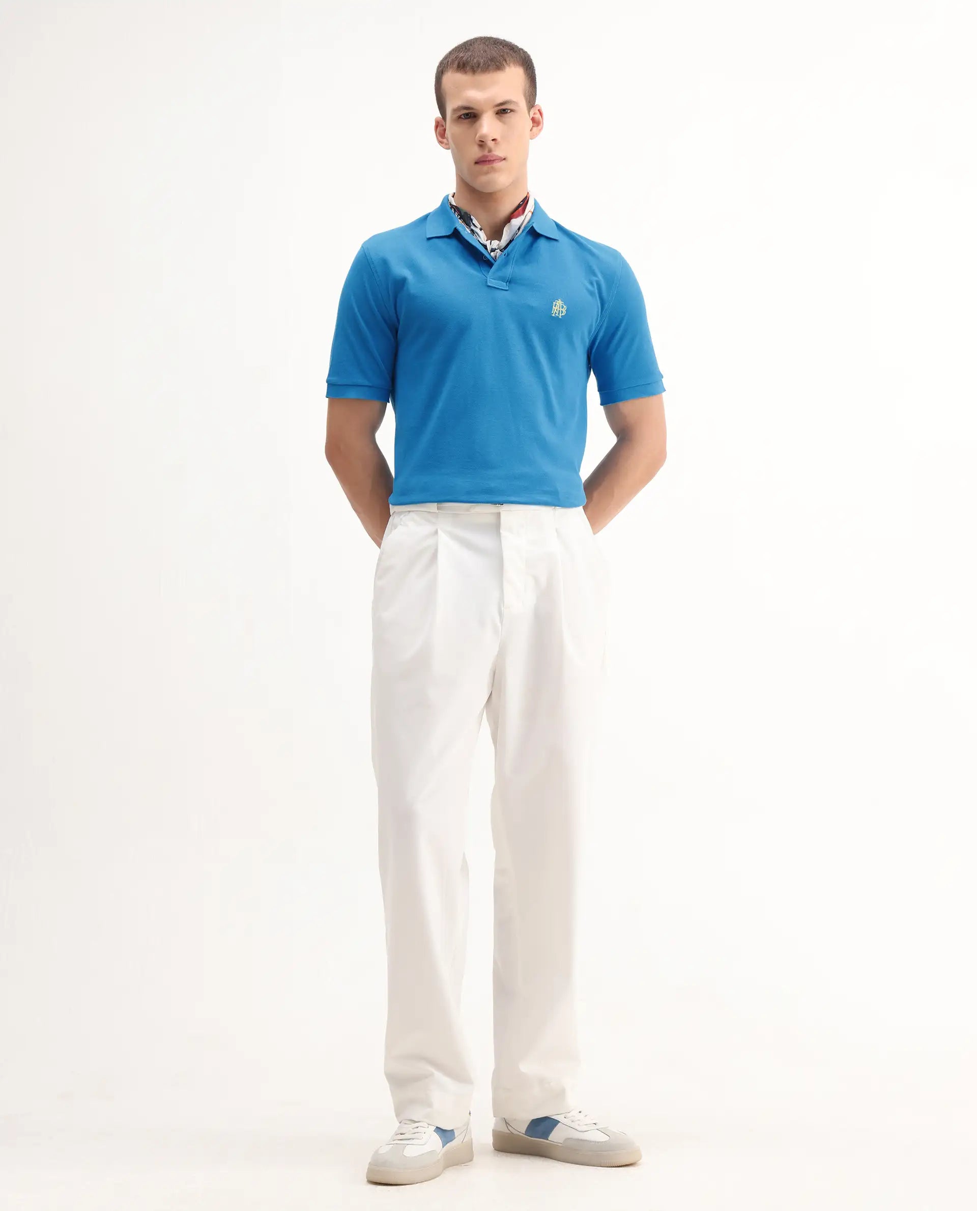 Rare Rabbit Men's Pare-1 Flouroscent Blue Cotton Plain Regular Fit Half Sleeve Polo