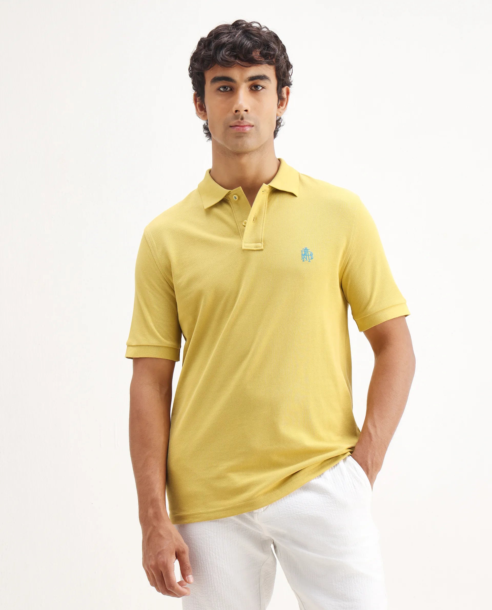 Rare Rabbit Men's Pare-1 Yellow Cotton Plain Regular Fit Half Sleeve Polo