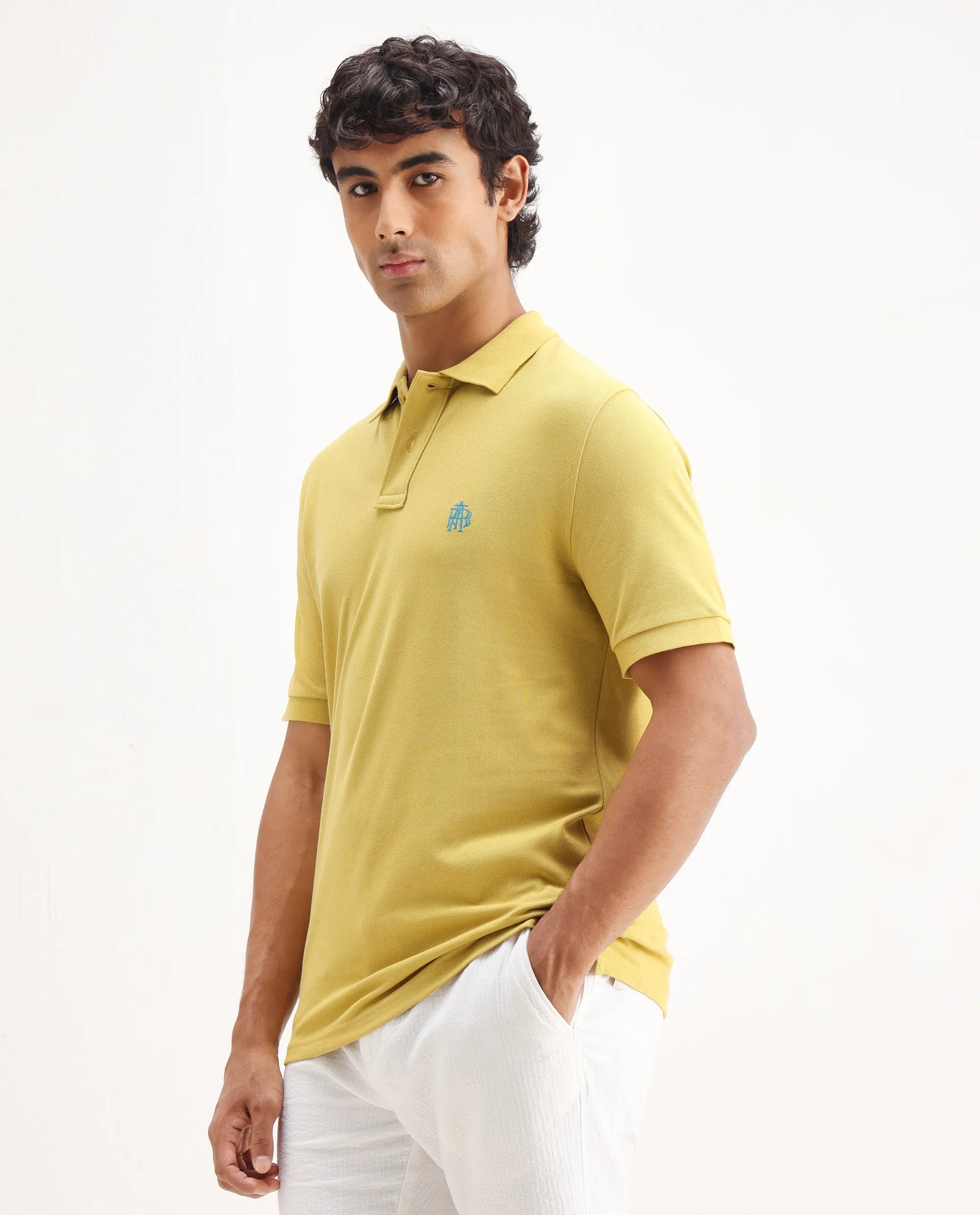 Rare Rabbit Men's Pare-1 Yellow Cotton Plain Regular Fit Half Sleeve Polo