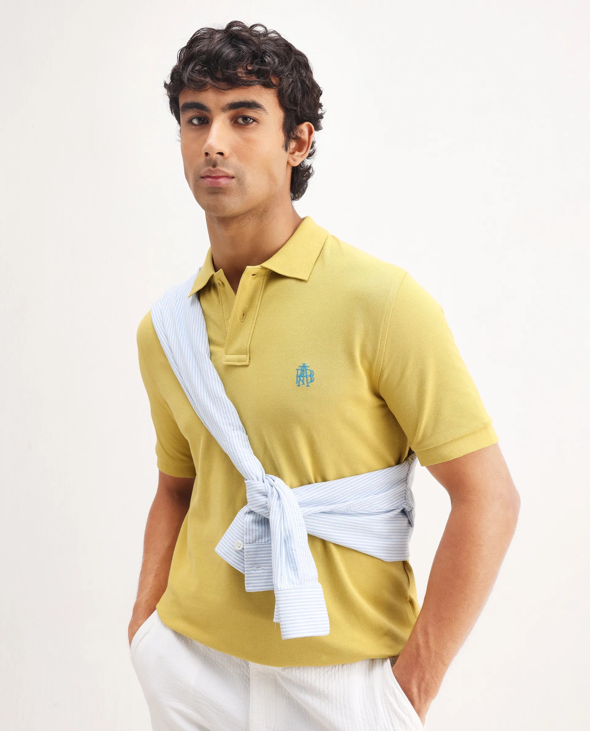 Rare Rabbit Men's Pare-1 Yellow Cotton Plain Regular Fit Half Sleeve Polo