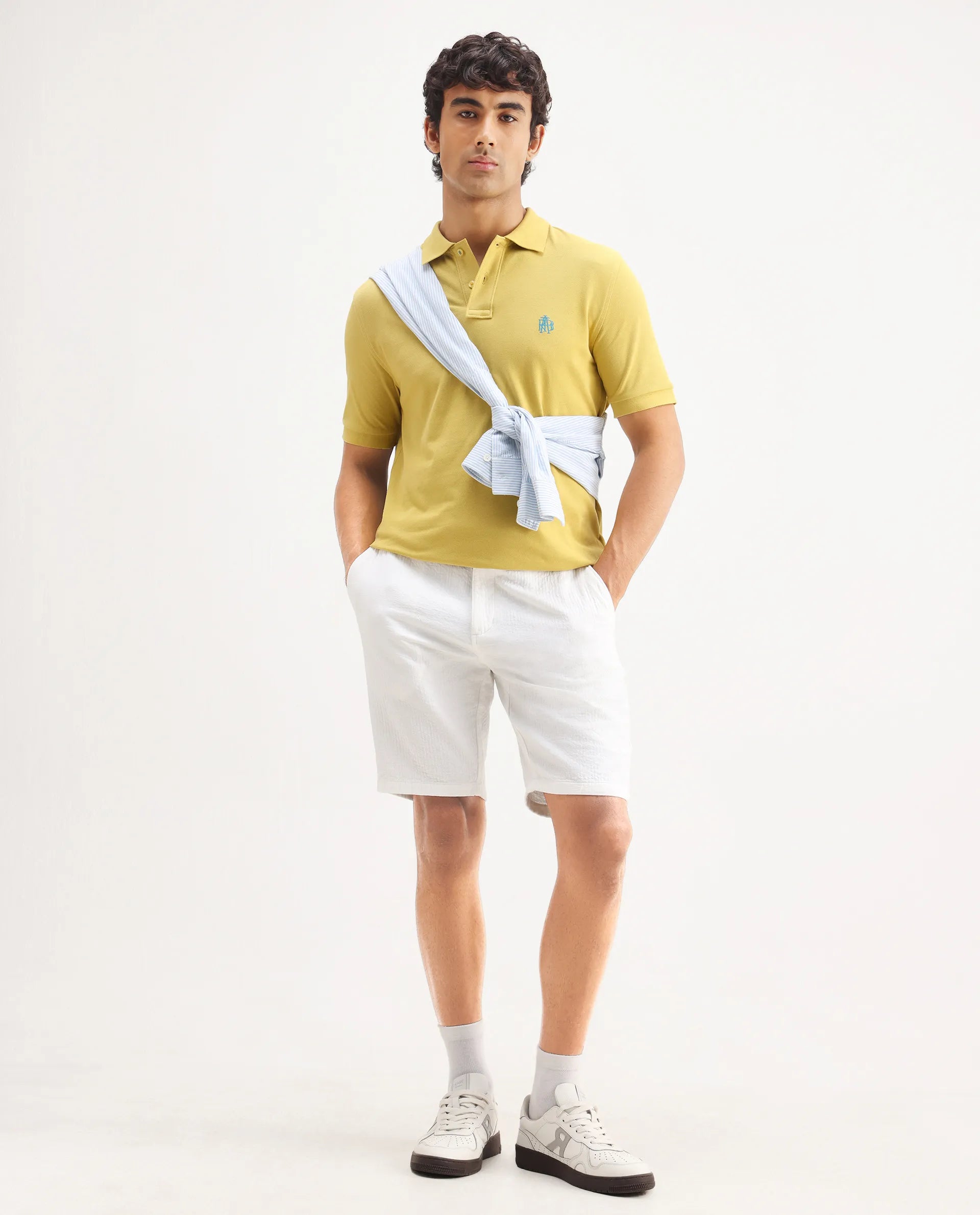 Rare Rabbit Men's Pare-1 Yellow Cotton Plain Regular Fit Half Sleeve Polo
