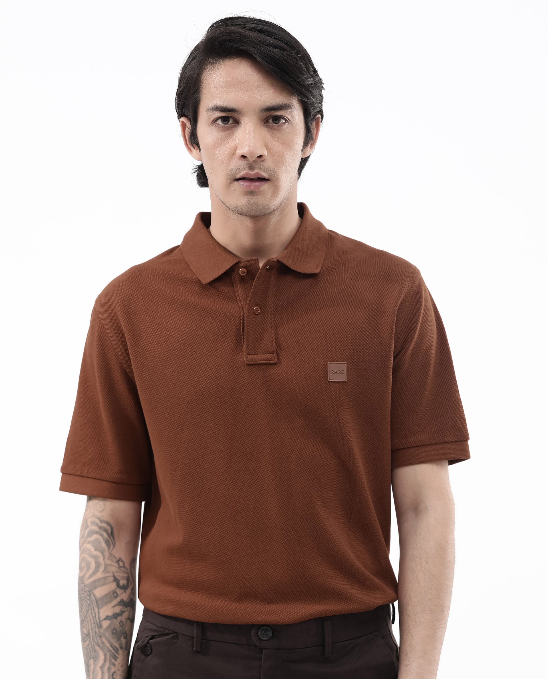 Rare Rabbit Mens Pare Dark Dark Rust Short Sleeve Solid Polo T-Shirt