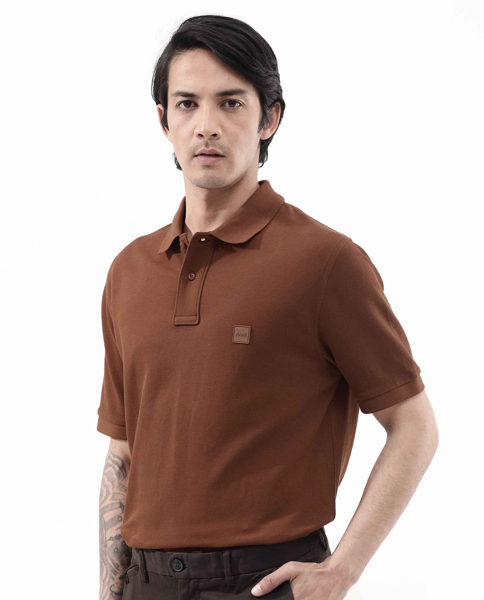 Rare Rabbit Mens Pare Dark Dark Rust Short Sleeve Solid Polo T-Shirt