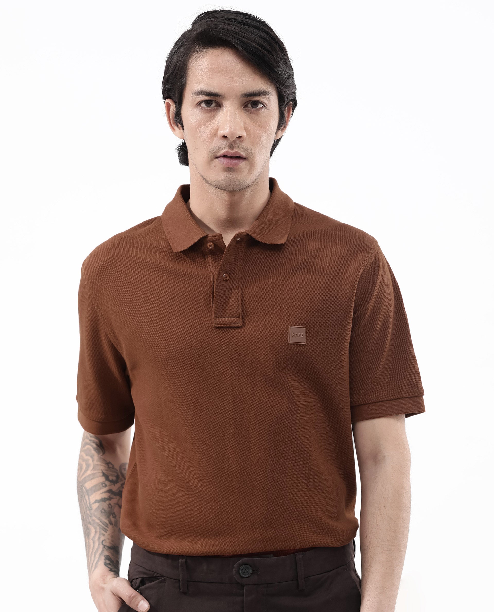 Rare Rabbit Mens Pare Dark Dark Rust Short Sleeve Solid Polo T-Shirt