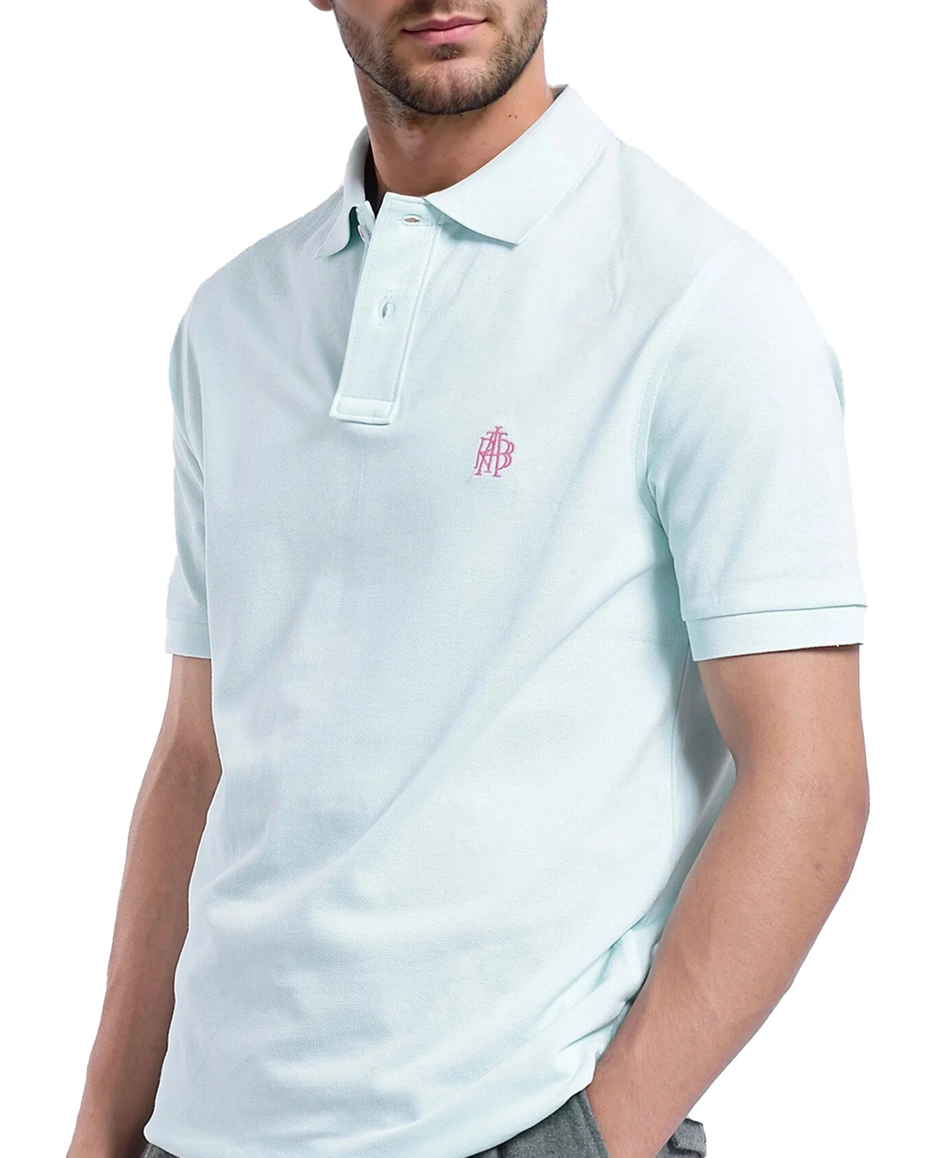 Rare Rabbit Men Pare-1 Light Blue Cotton Fabric Short Sleeve Collared Neck Regular Fit Printed Polo