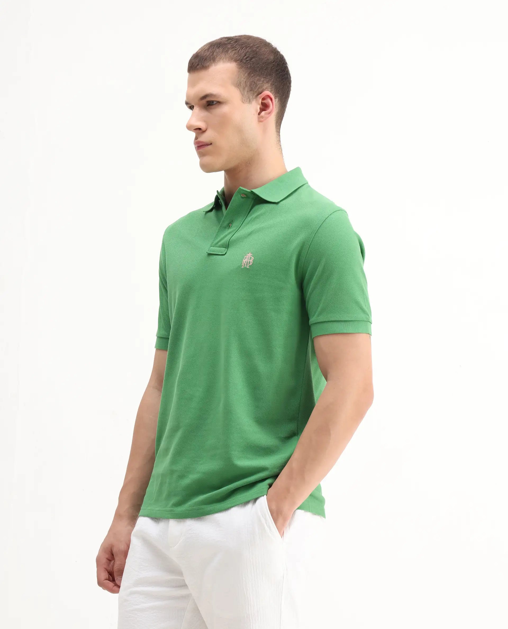 Rare Rabbit Men's Pare-1 Green Cotton Plain Regular Fit Half Sleeve Polo