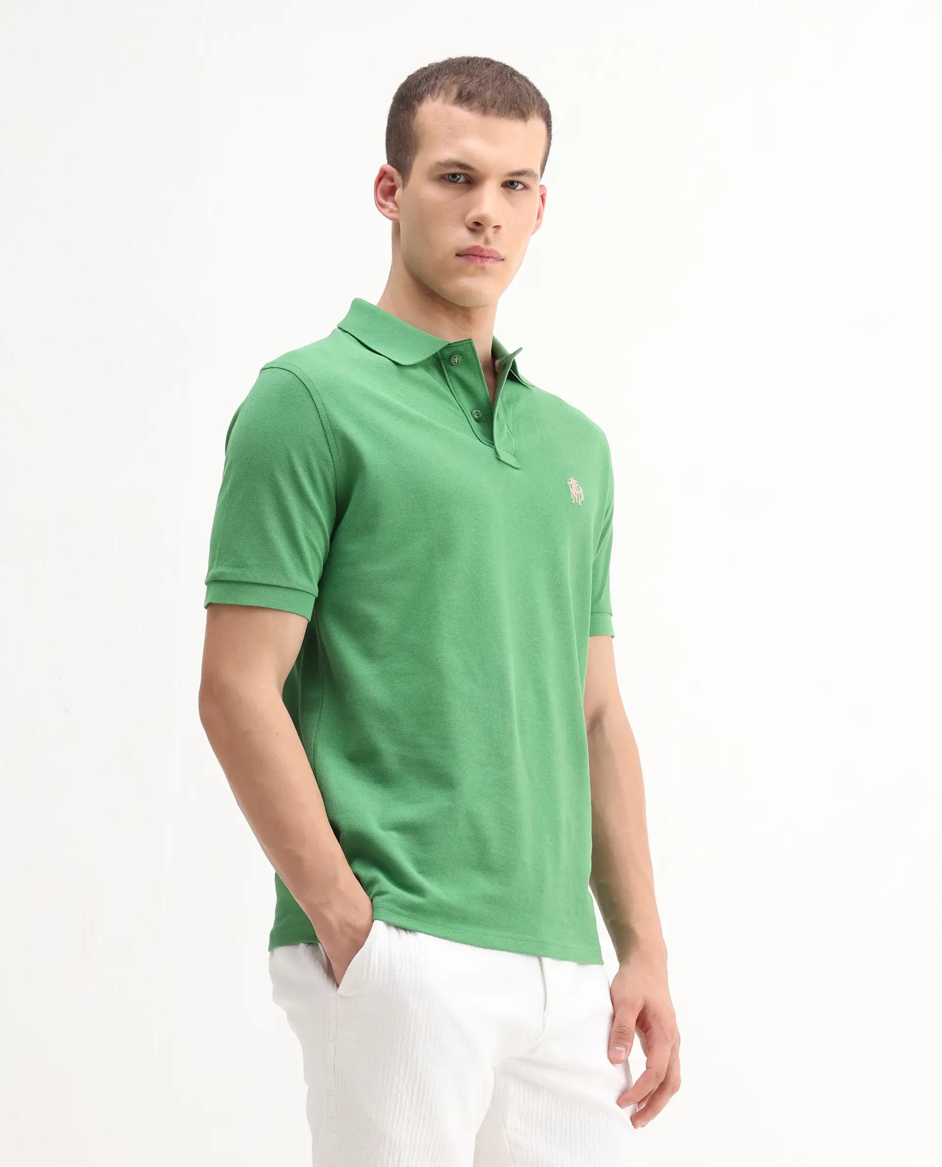 Rare Rabbit Men's Pare-1 Green Cotton Plain Regular Fit Half Sleeve Polo