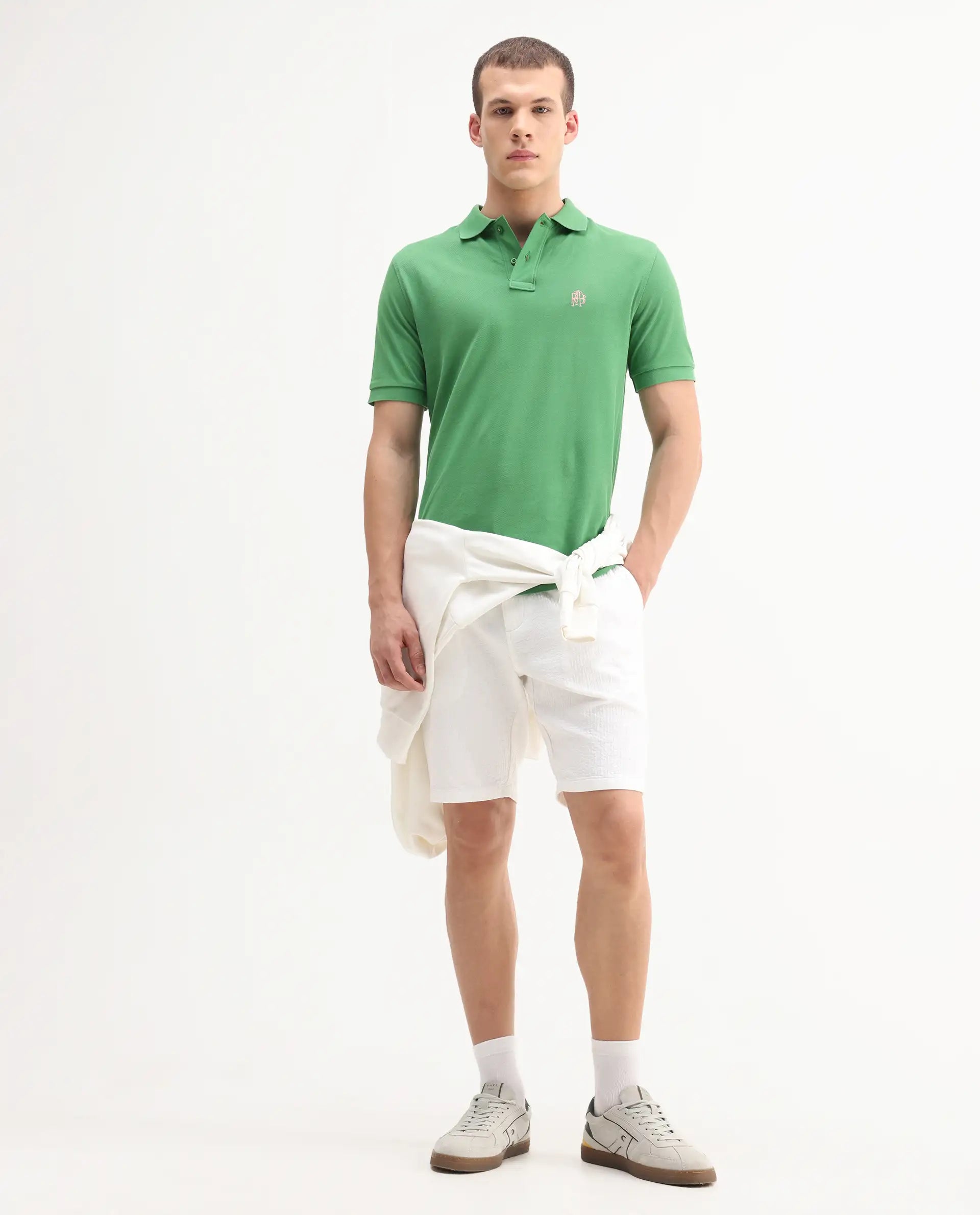Rare Rabbit Men's Pare-1 Green Cotton Plain Regular Fit Half Sleeve Polo
