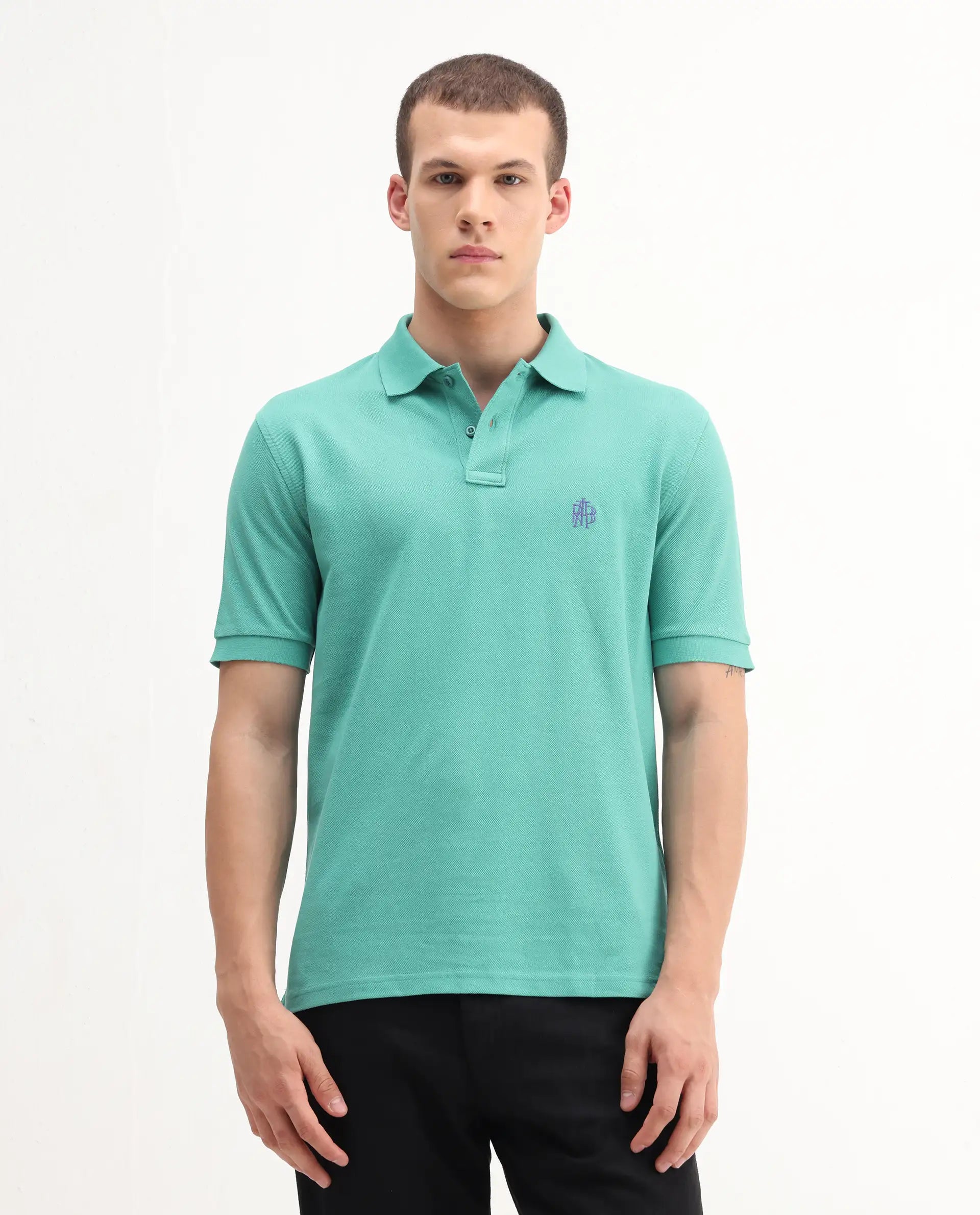 Rare Rabbit Men's Pare-1 Turq Cotton Plain Regular Fit Half Sleeve Polo