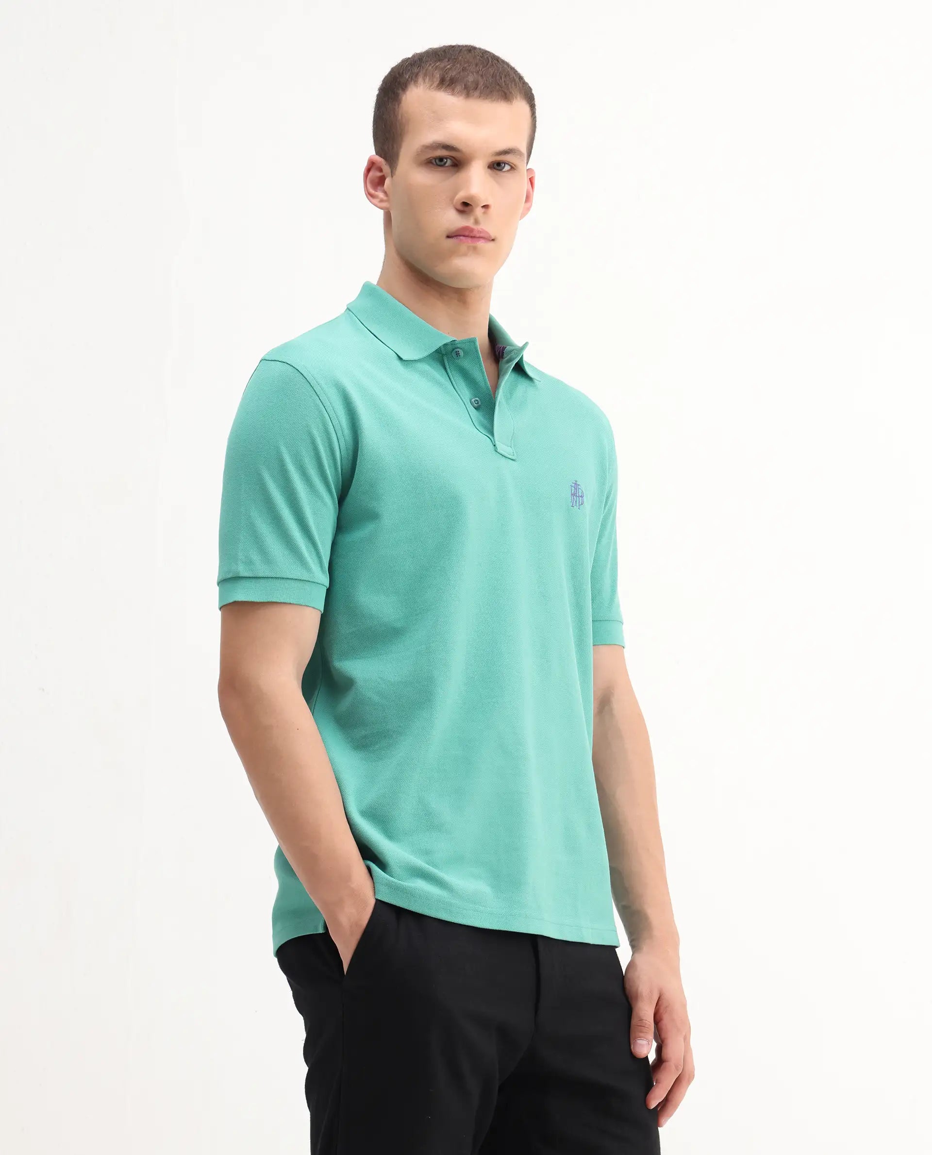 Rare Rabbit Men's Pare-1 Turq Cotton Plain Regular Fit Half Sleeve Polo