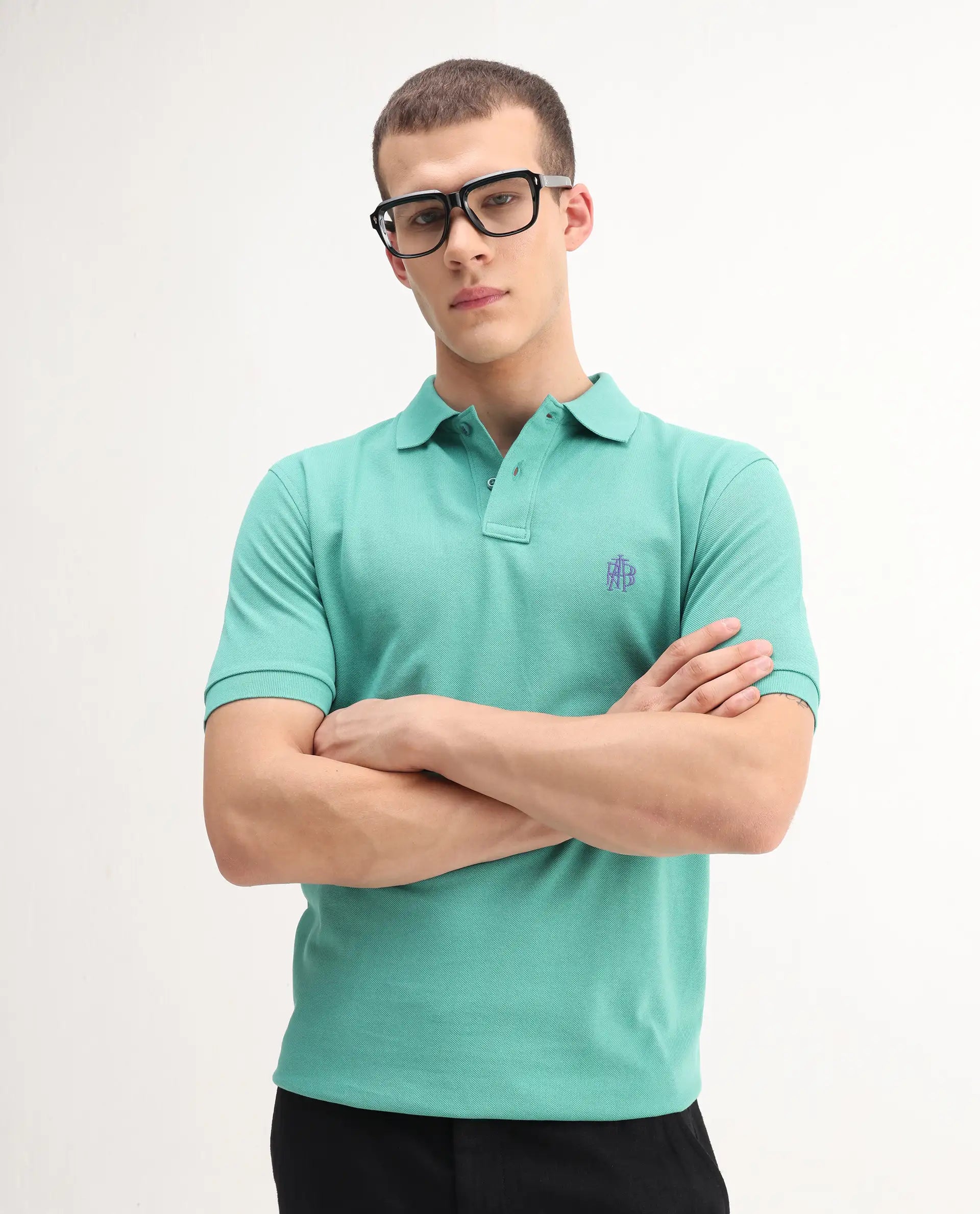 Rare Rabbit Men's Pare-1 Turq Cotton Plain Regular Fit Half Sleeve Polo