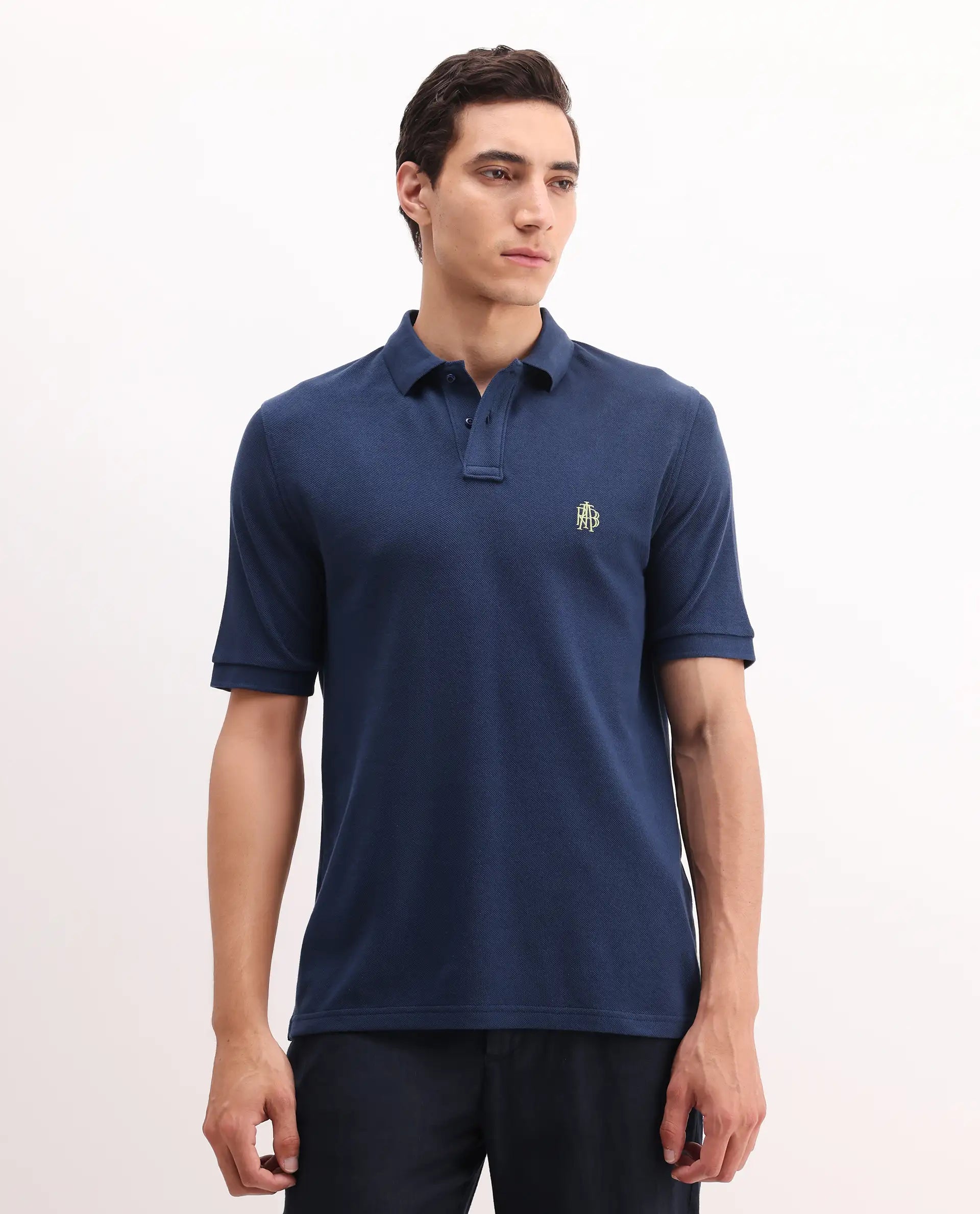 Rare Rabbit Men's Pare Blue Cotton Embroidered Regular Fit Half Sleeve Polo