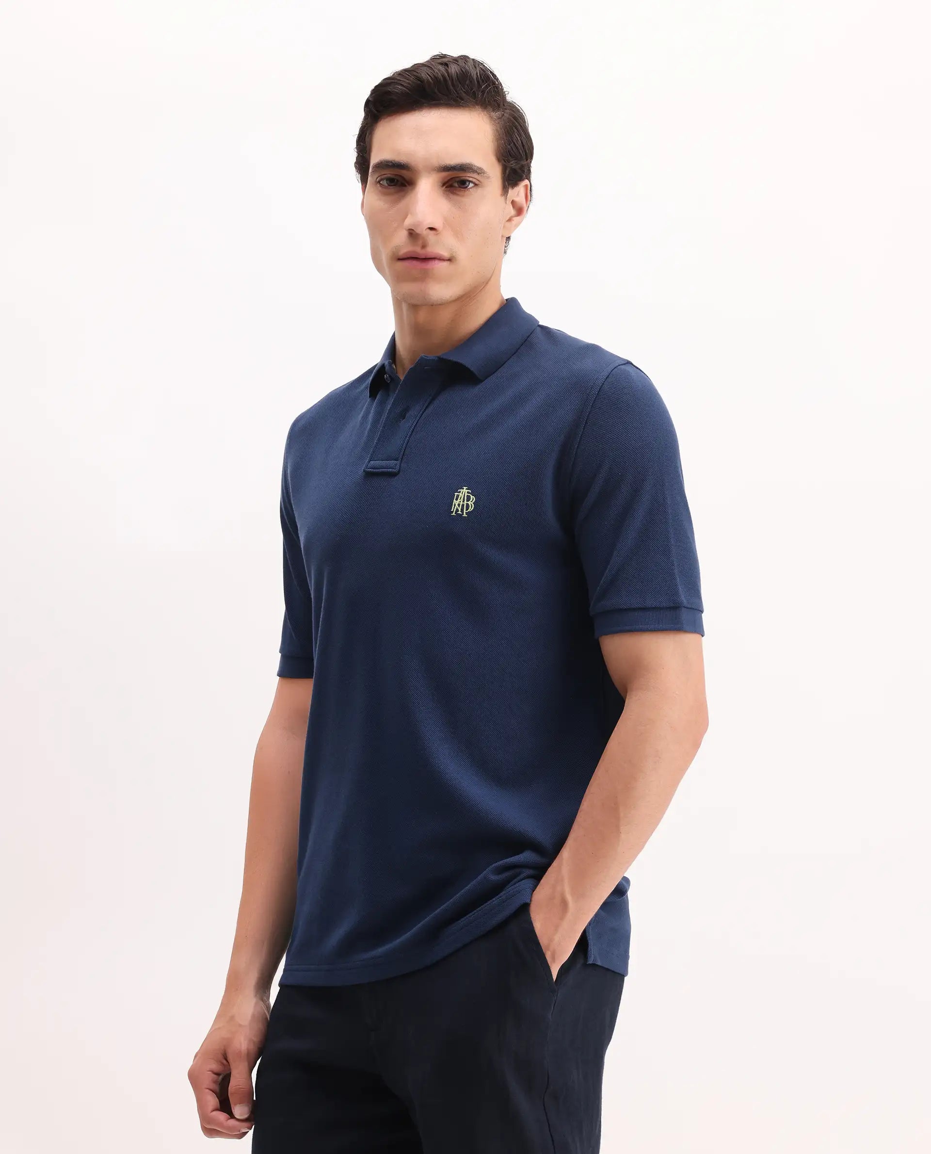 Rare Rabbit Men's Pare Blue Cotton Embroidered Regular Fit Half Sleeve Polo