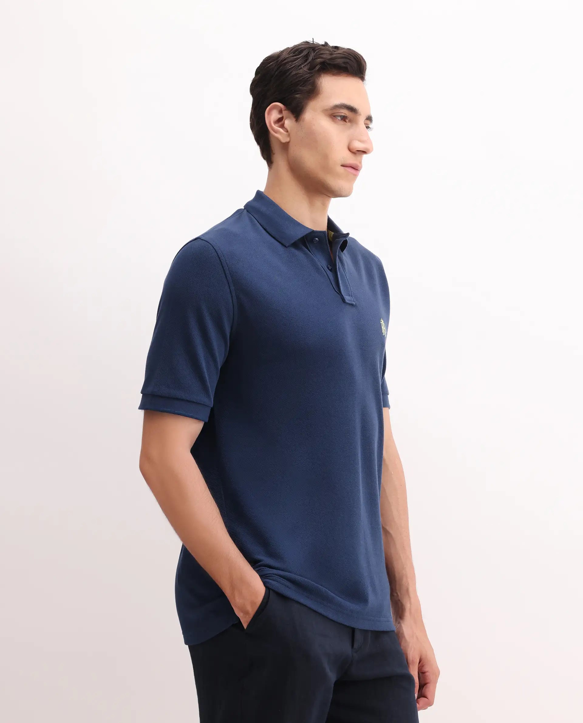 Rare Rabbit Men's Pare Blue Cotton Embroidered Regular Fit Half Sleeve Polo