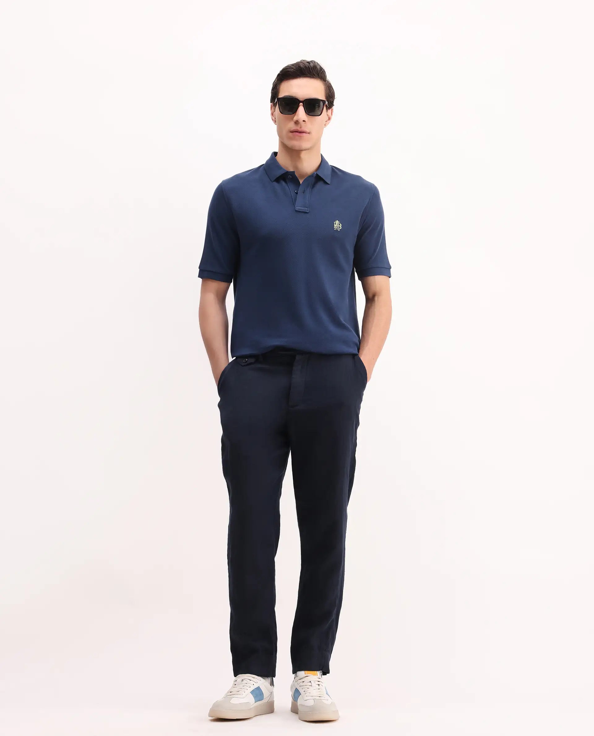 Rare Rabbit Men's Pare Blue Cotton Embroidered Regular Fit Half Sleeve Polo