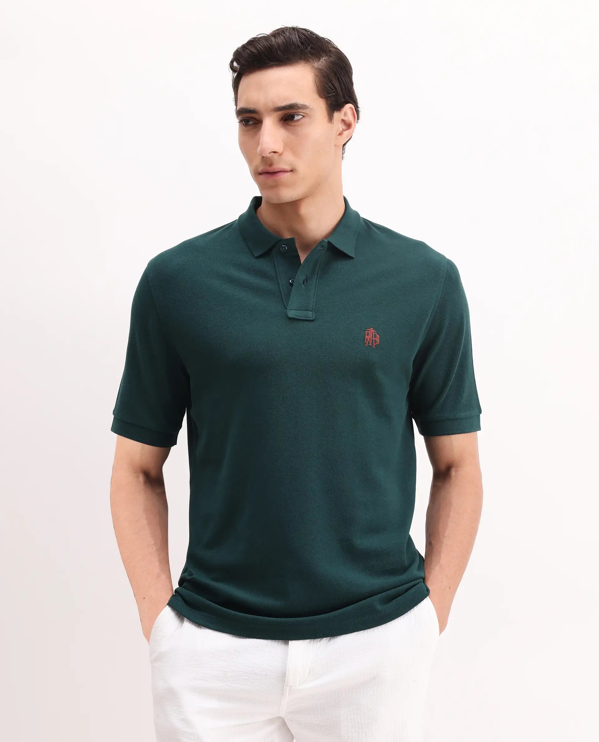 Rare Rabbit Men's Pare Green Cotton Embroidered Regular Fit Half Sleeve Polo