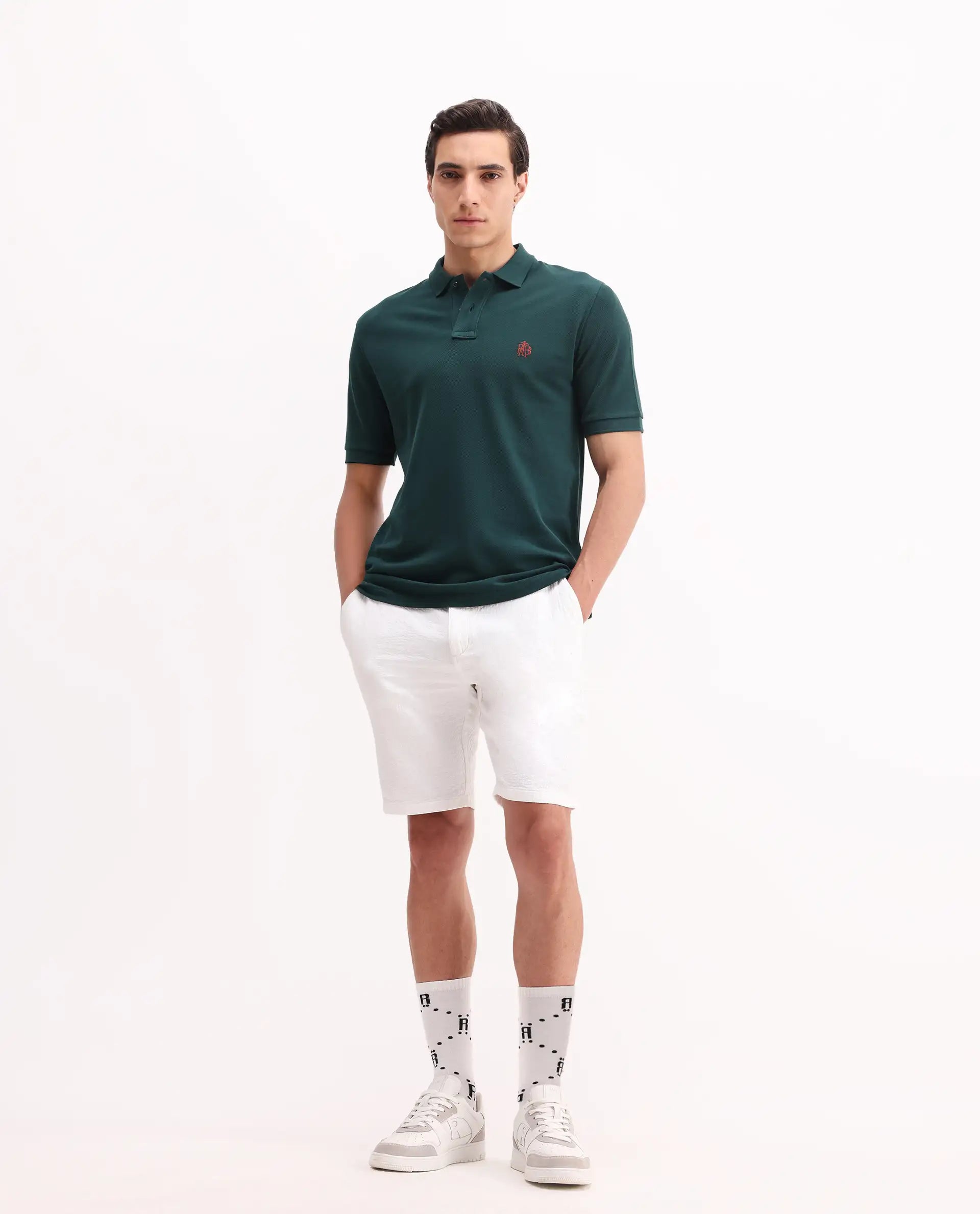 Rare Rabbit Men's Pare Green Cotton Embroidered Regular Fit Half Sleeve Polo