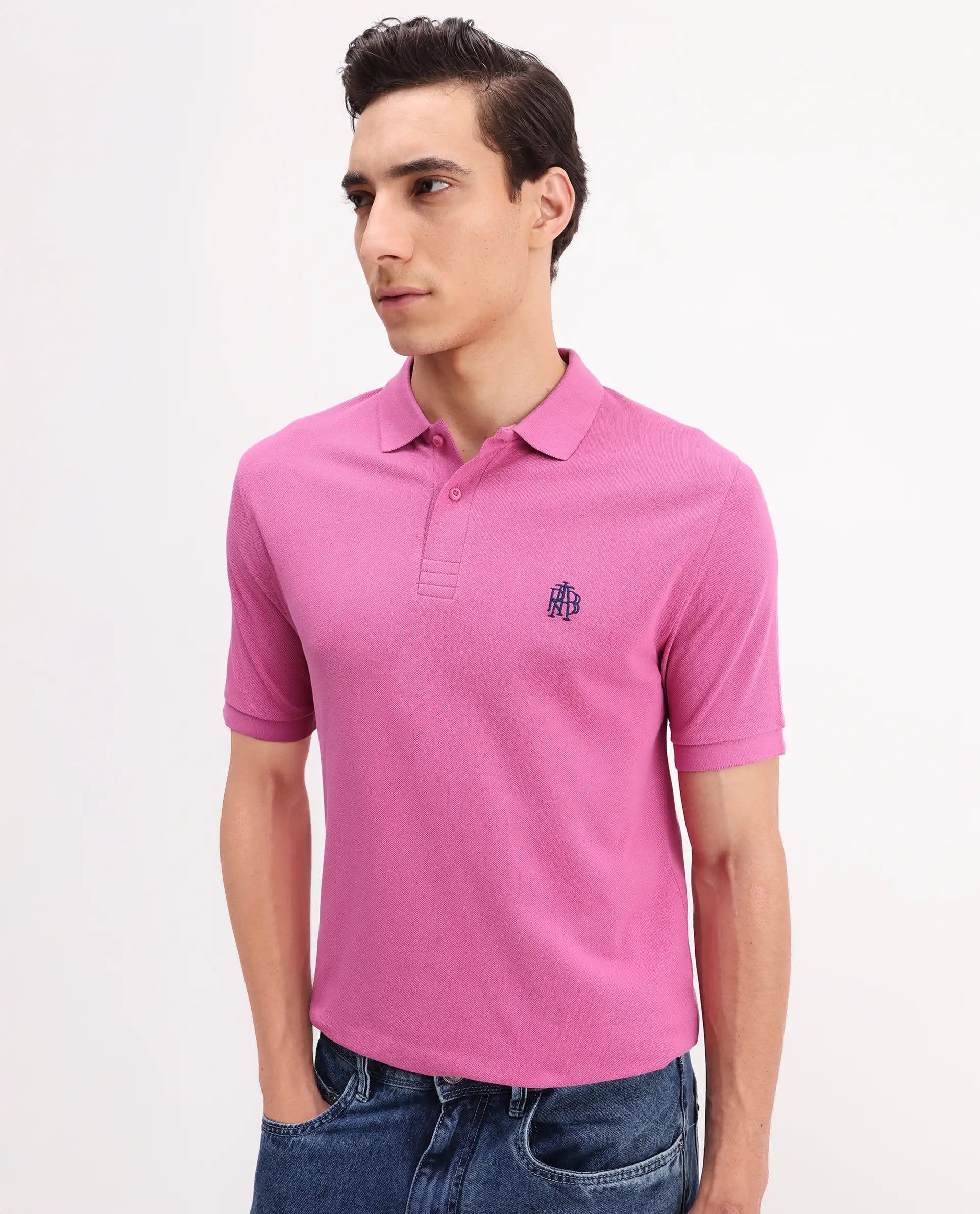 Rare Rabbit Men's Paret-Bright Flouroscent Pink Cotton Embroidered Regular Fit Half Sleeve Polo