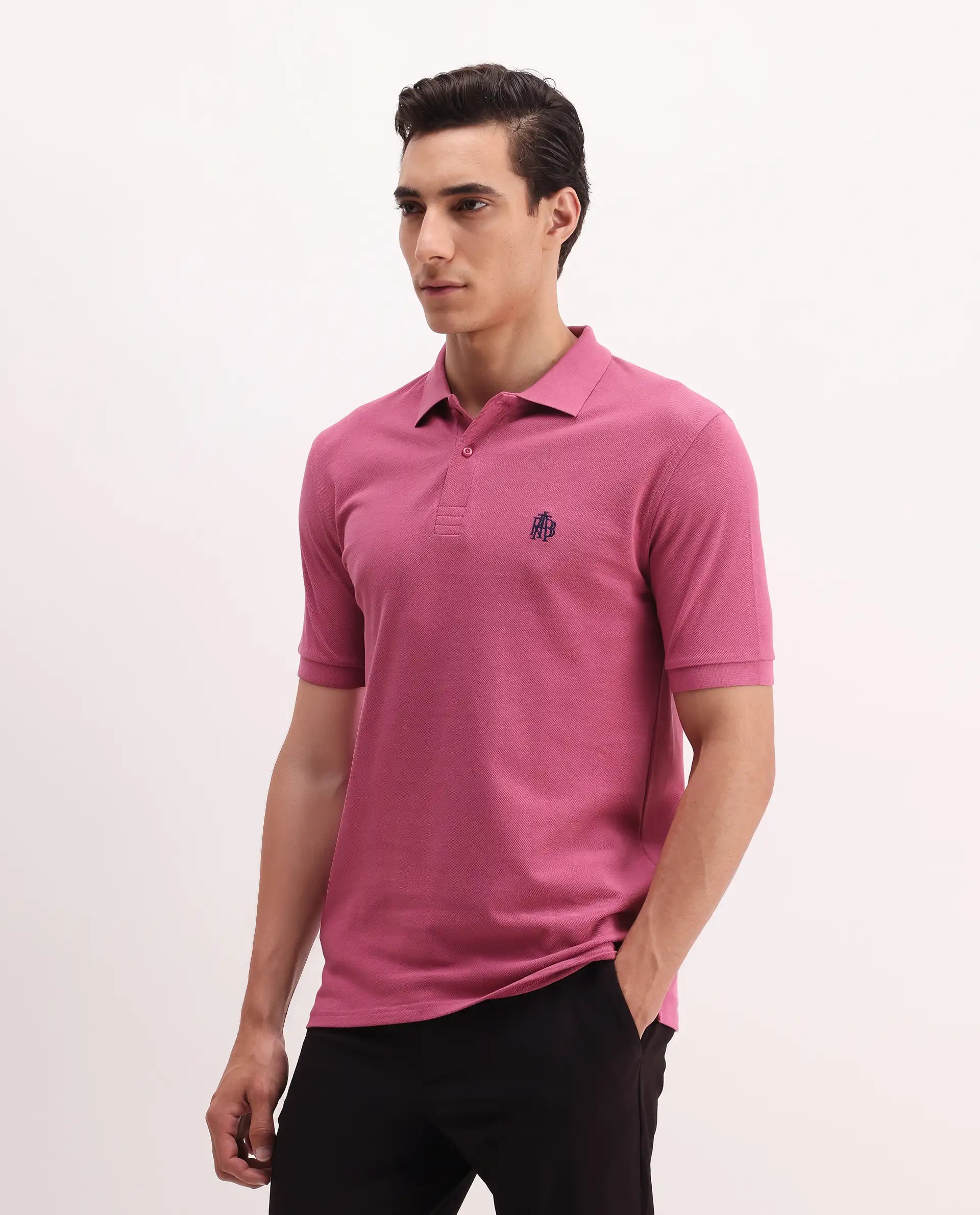 Rare Rabbit Men's Paret Bright Pink Cotton Embroidered Regular Fit Half Sleeve Polo