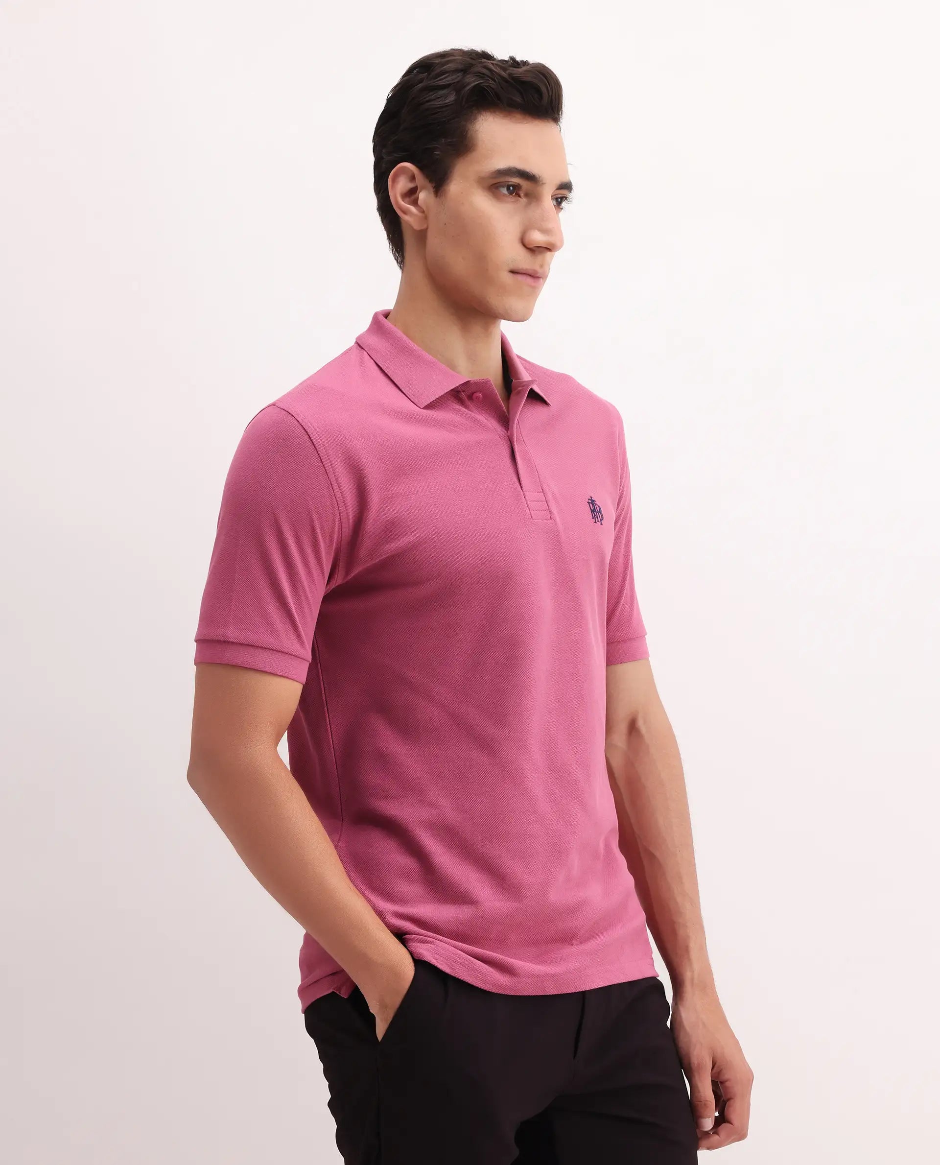 Rare Rabbit Men's Paret Bright Pink Cotton Embroidered Regular Fit Half Sleeve Polo