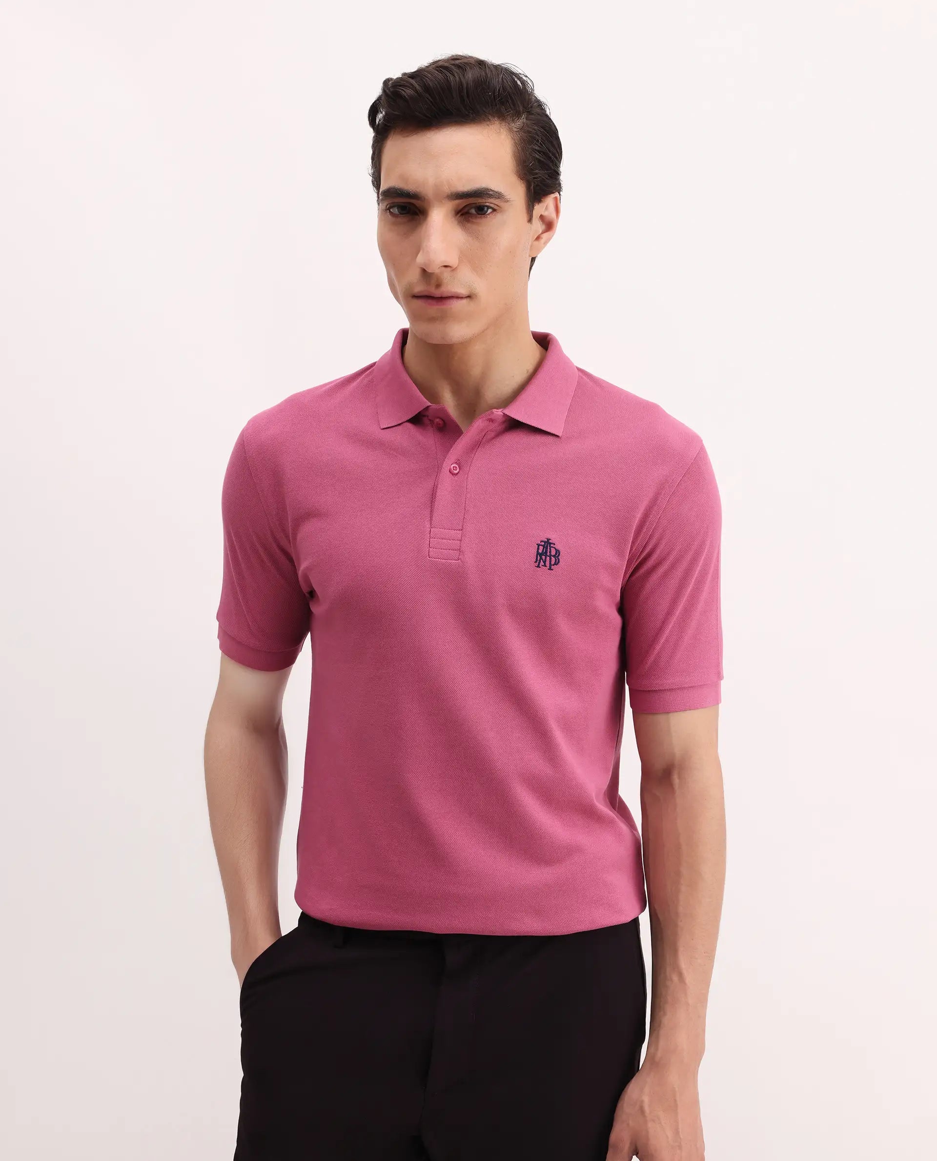 Rare Rabbit Men's Paret Bright Pink Cotton Embroidered Regular Fit Half Sleeve Polo