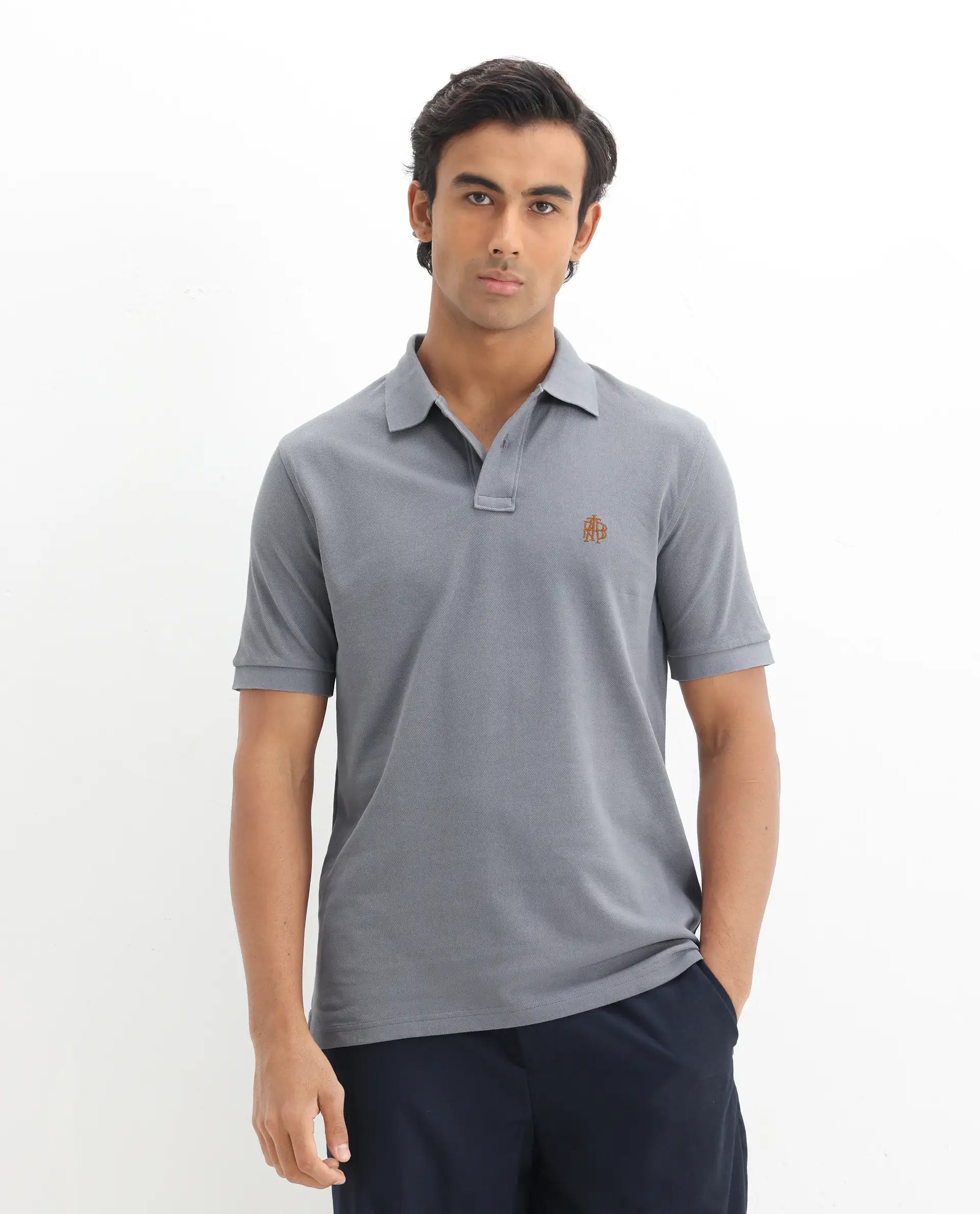 Rare Rabbit Men's Pareto Grey Cotton Embroidered Regular Fit Half Sleeve Polo