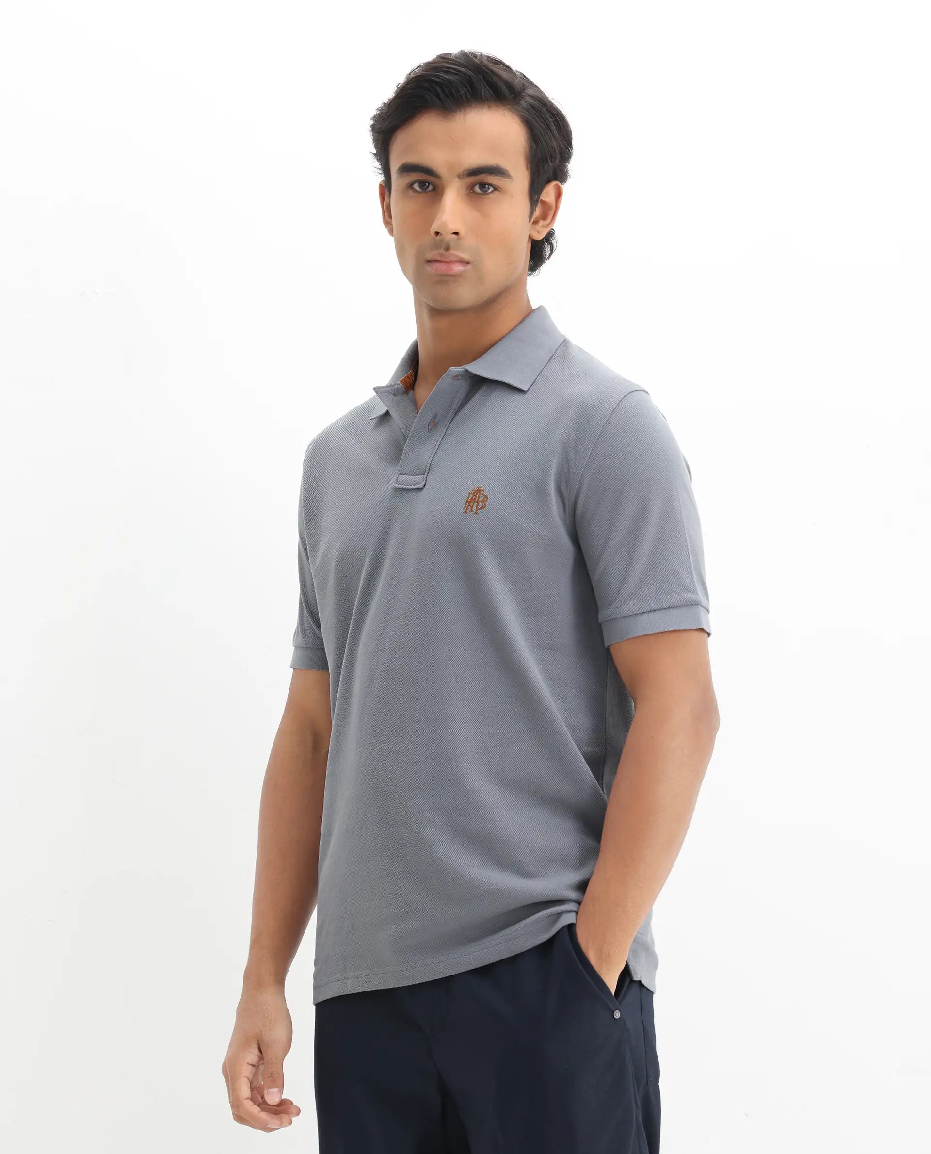 Rare Rabbit Men's Pareto Grey Cotton Embroidered Regular Fit Half Sleeve Polo