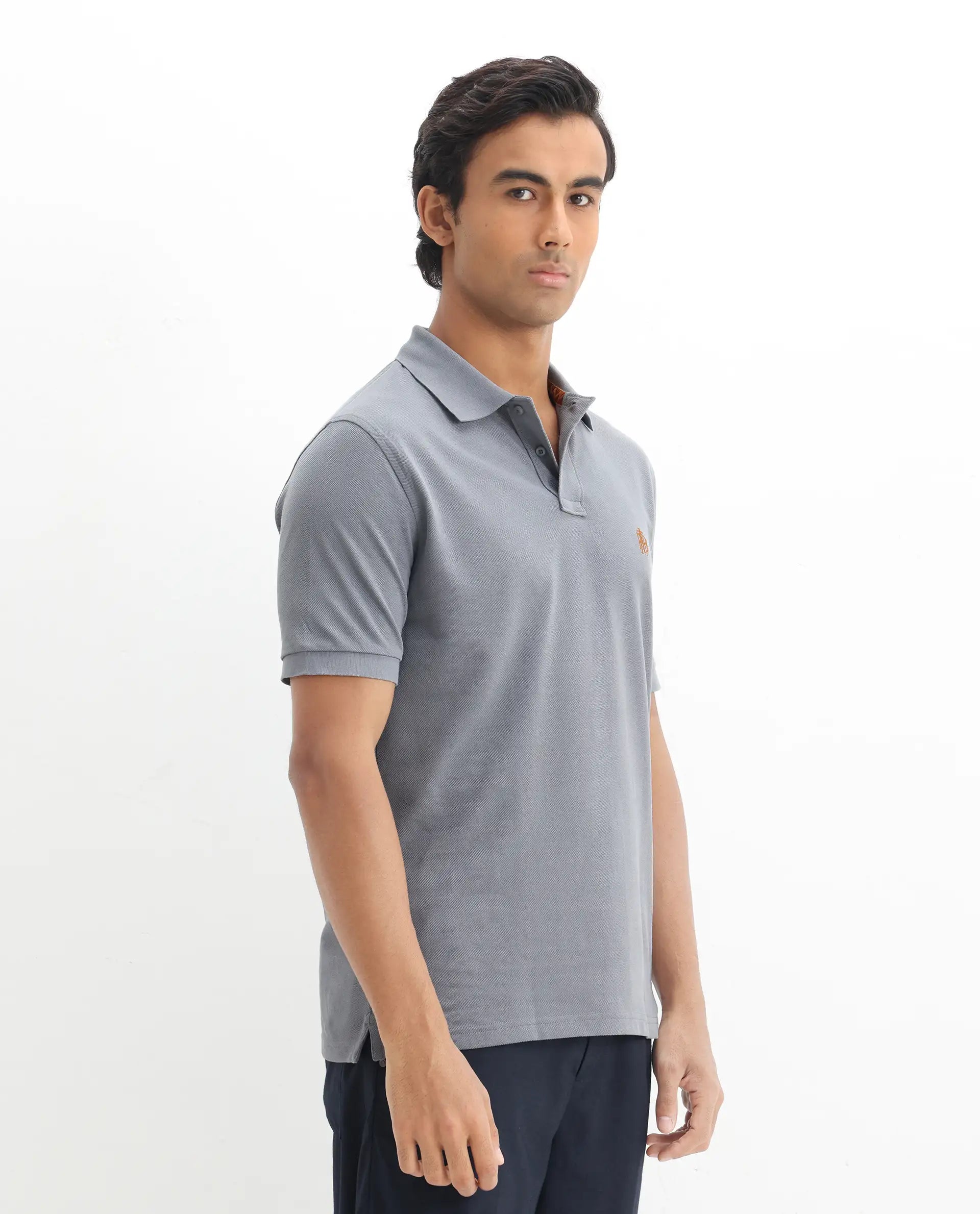 Rare Rabbit Men's Pareto Grey Cotton Embroidered Regular Fit Half Sleeve Polo